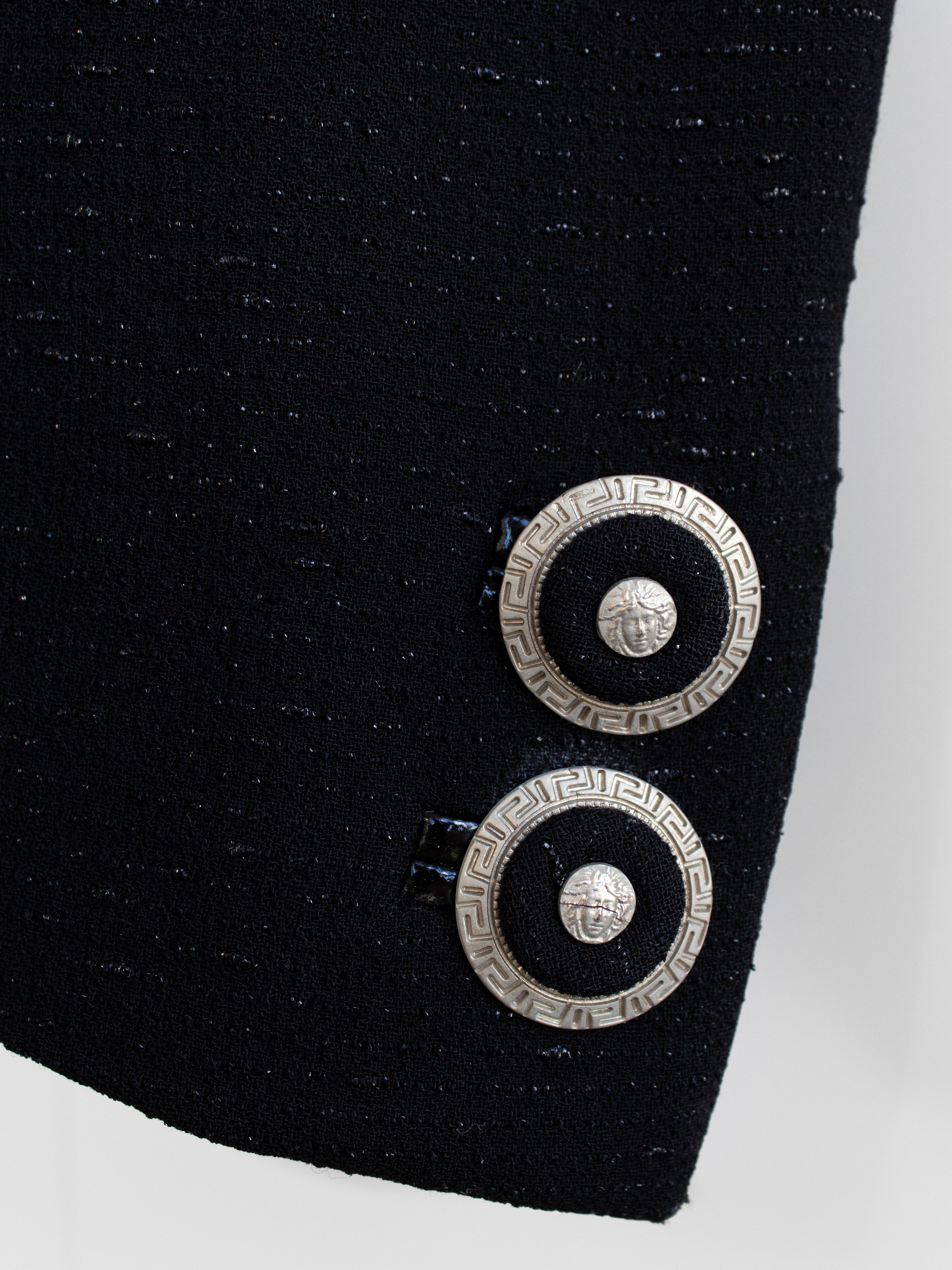 Gianni Versace Couture Vintage F/W 1994 Black Medusa Belted Jacket Skirt Suit For Sale 9