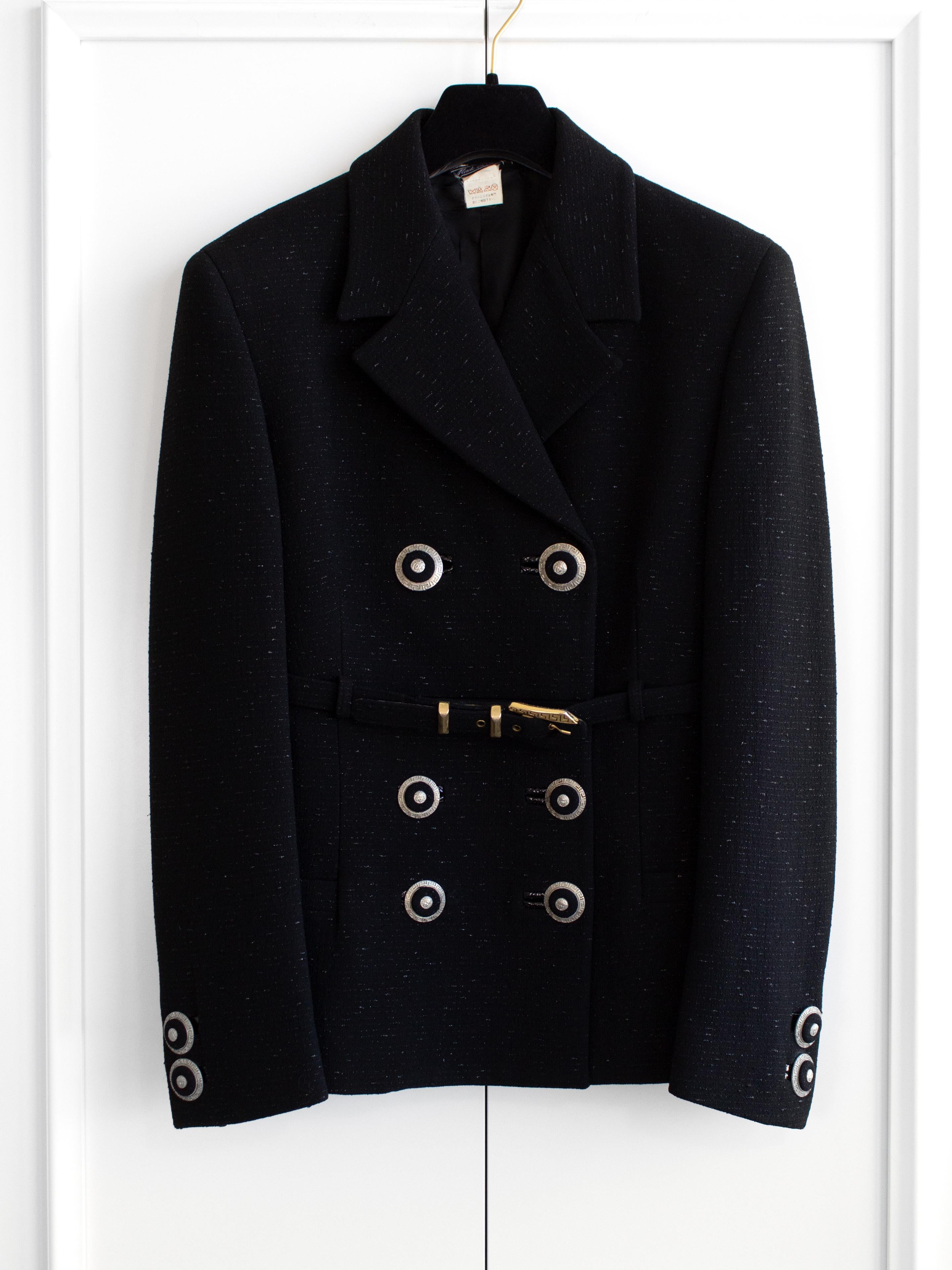 Gianni Versace Couture Vintage F/W 1994 Black Medusa Belted Jacket Skirt Suit For Sale 1