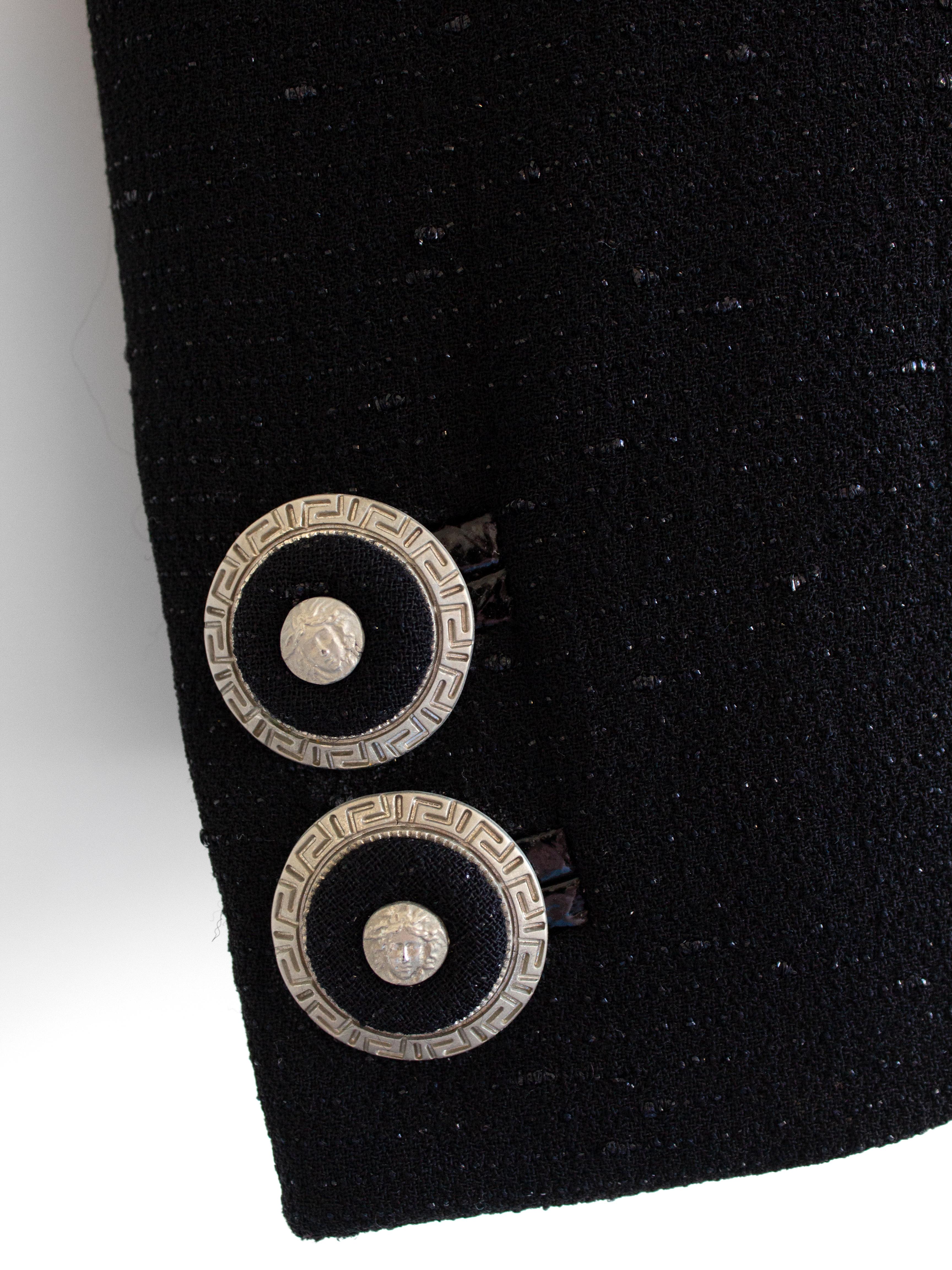 Gianni Versace Couture Vintage F/W 1994 Black Medusa Belted Jacket Skirt Suit For Sale 2