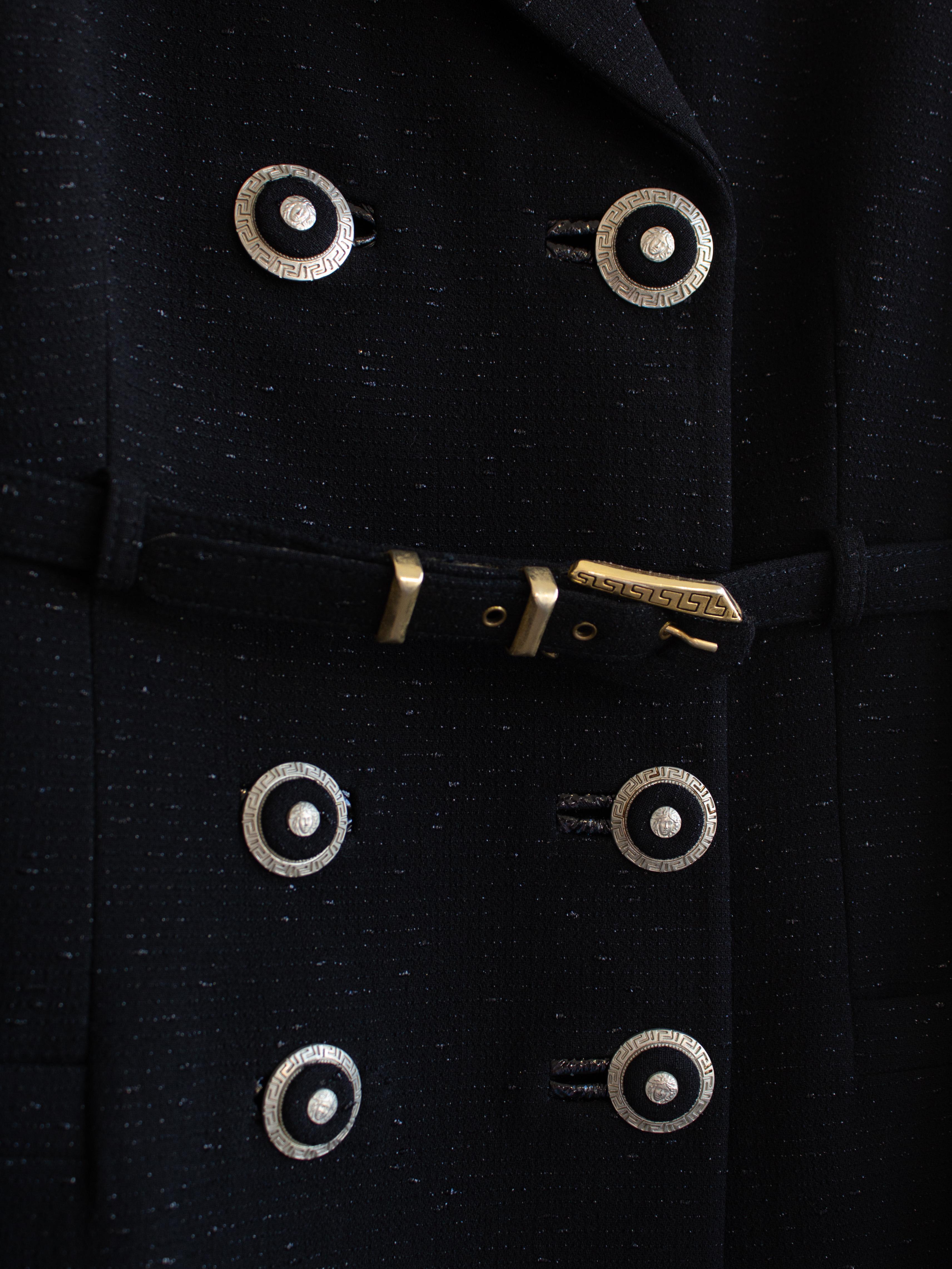 Gianni Versace Couture Vintage F/W 1994 Black Medusa Belted Jacket Skirt Suit For Sale 3