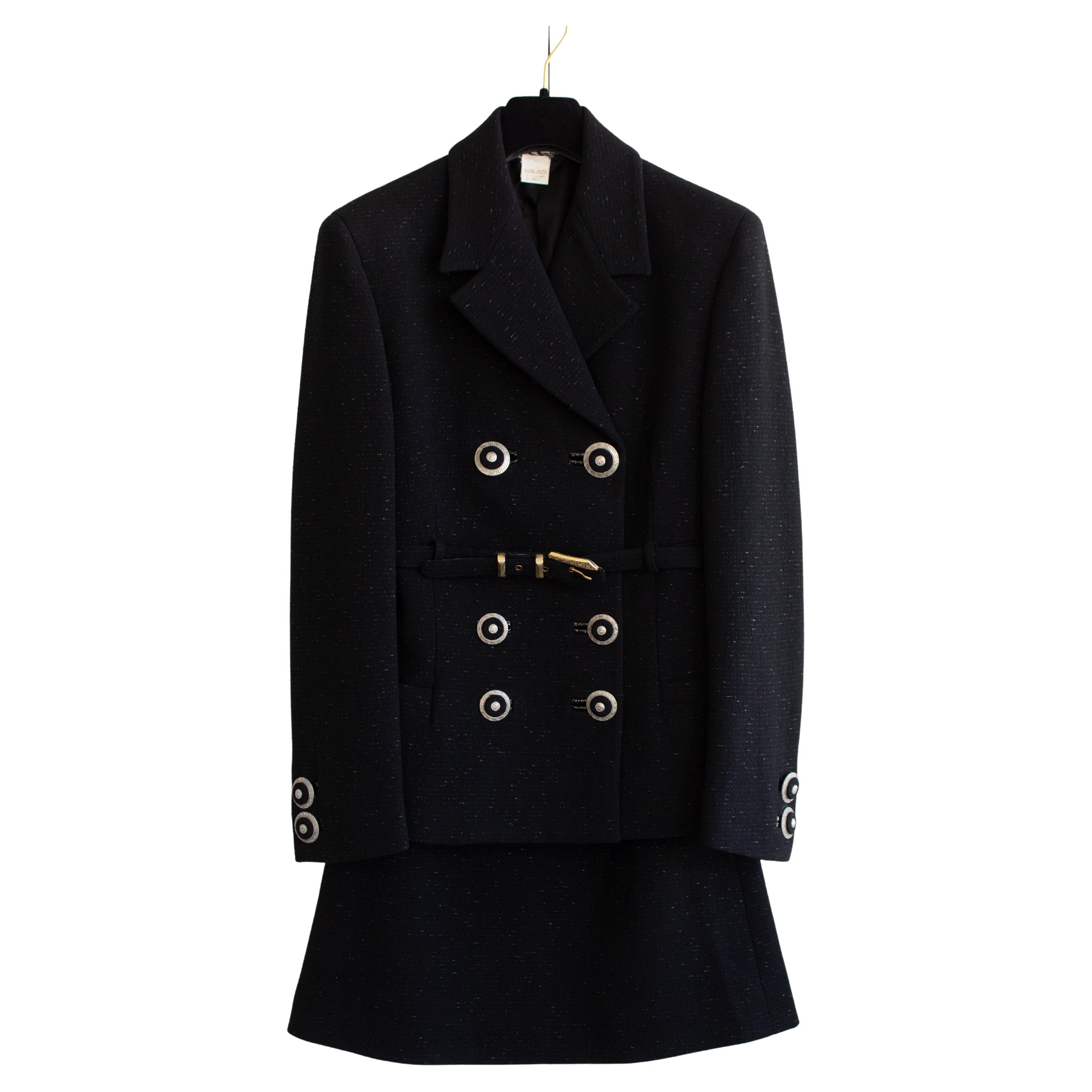 Gianni Versace Couture Vintage F/W 1994 Black Medusa Belted Jacket Skirt Suit