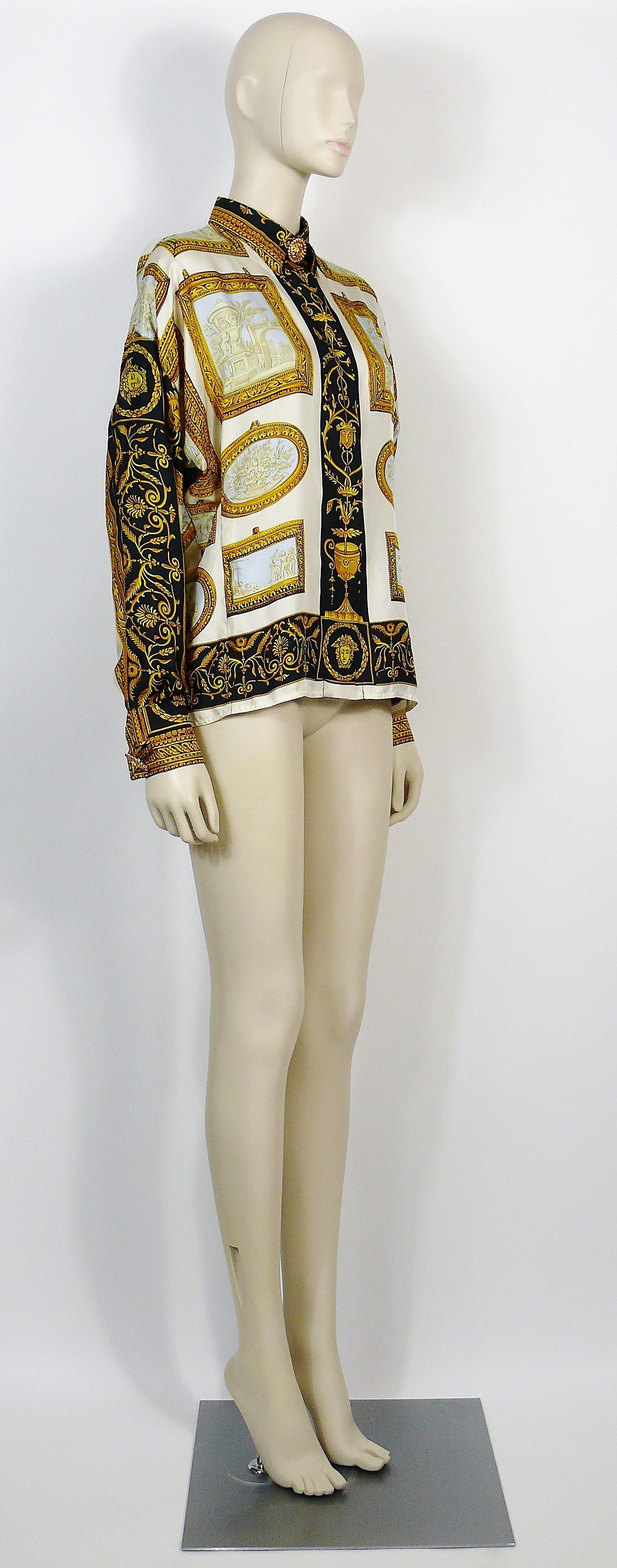 GIANNI VERSACE COUTURE vintage silk blouse featuring a framed Wedgwood jasper plaques print on an off-white background, adorned with gold color Neoclassical ornaments.

Gold toned Medusa buttons on collar and cuffs.
Hidden front buttoning.

Label