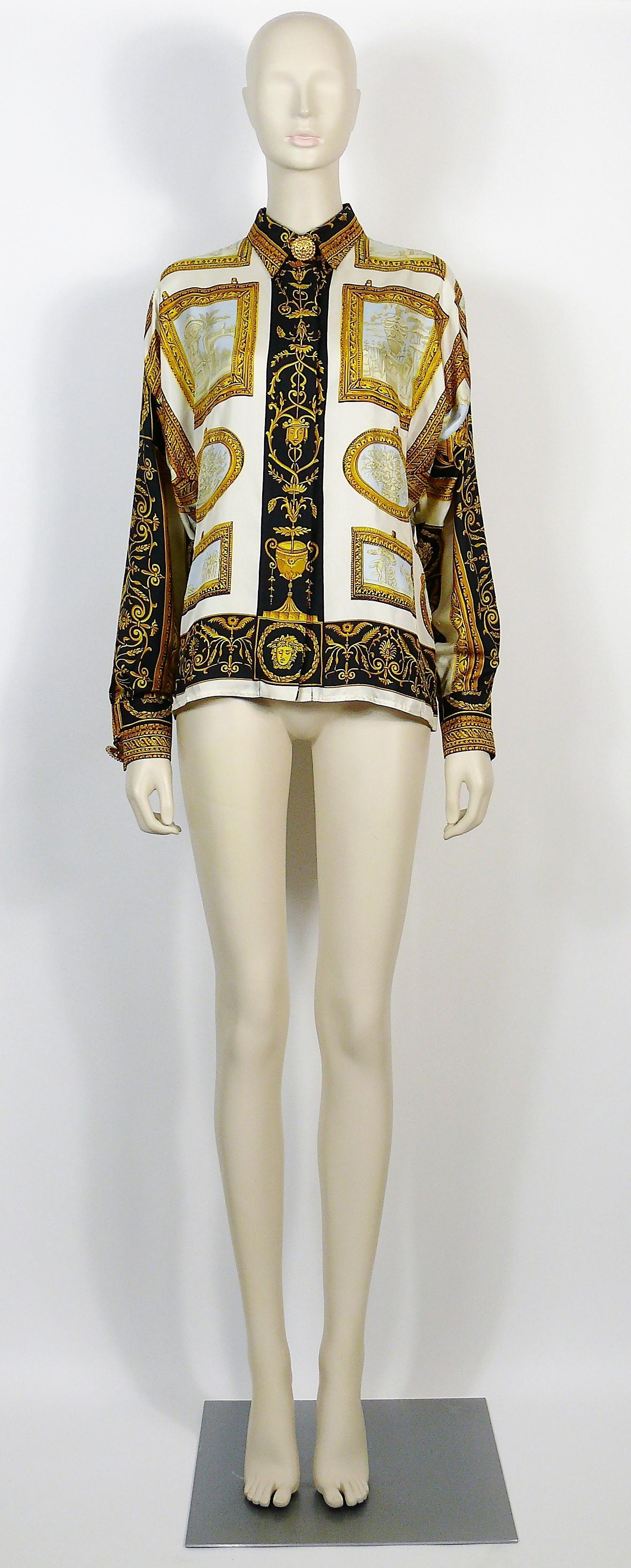 Beige Gianni Versace Couture Vintage Framed Wedgwood Jasper Plaques Print Silk Blouse