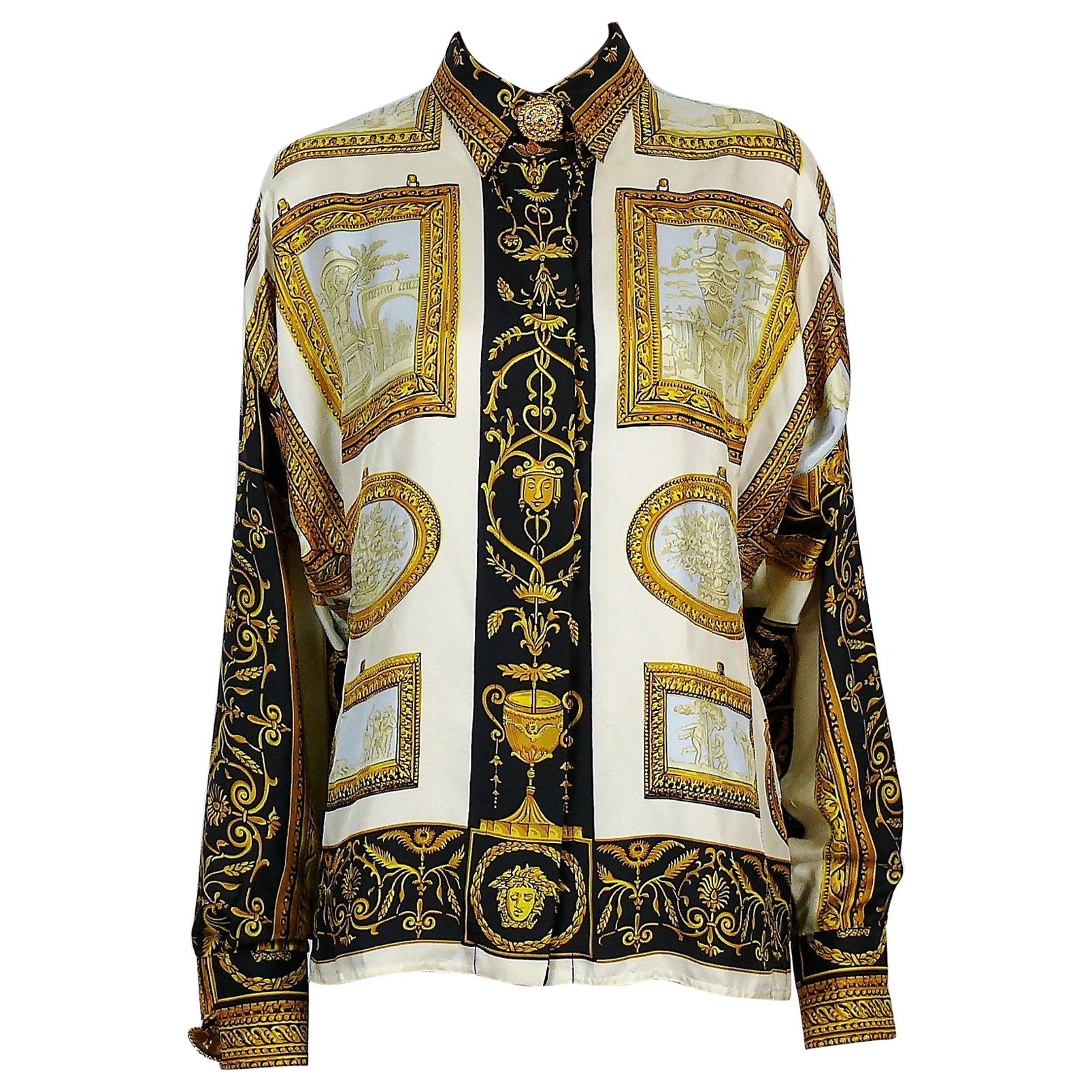 Gianni Versace Couture Vintage Framed Wedgwood Jasper Plaques Print Silk Blouse