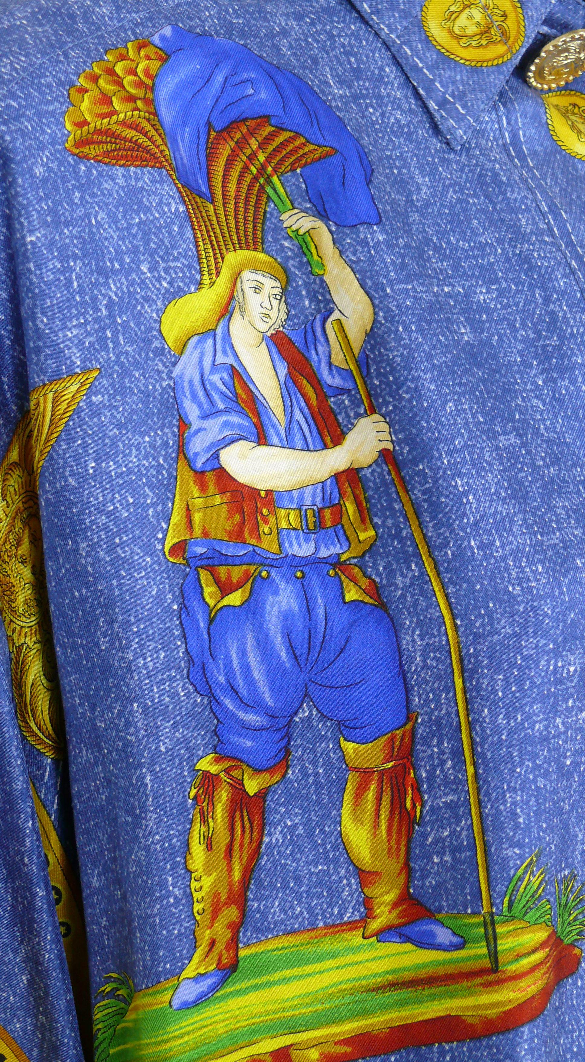 Gianni Versace Couture Vintage Men's Blue Jeans Trompe L'Oeil Printed Silk Shirt For Sale 4