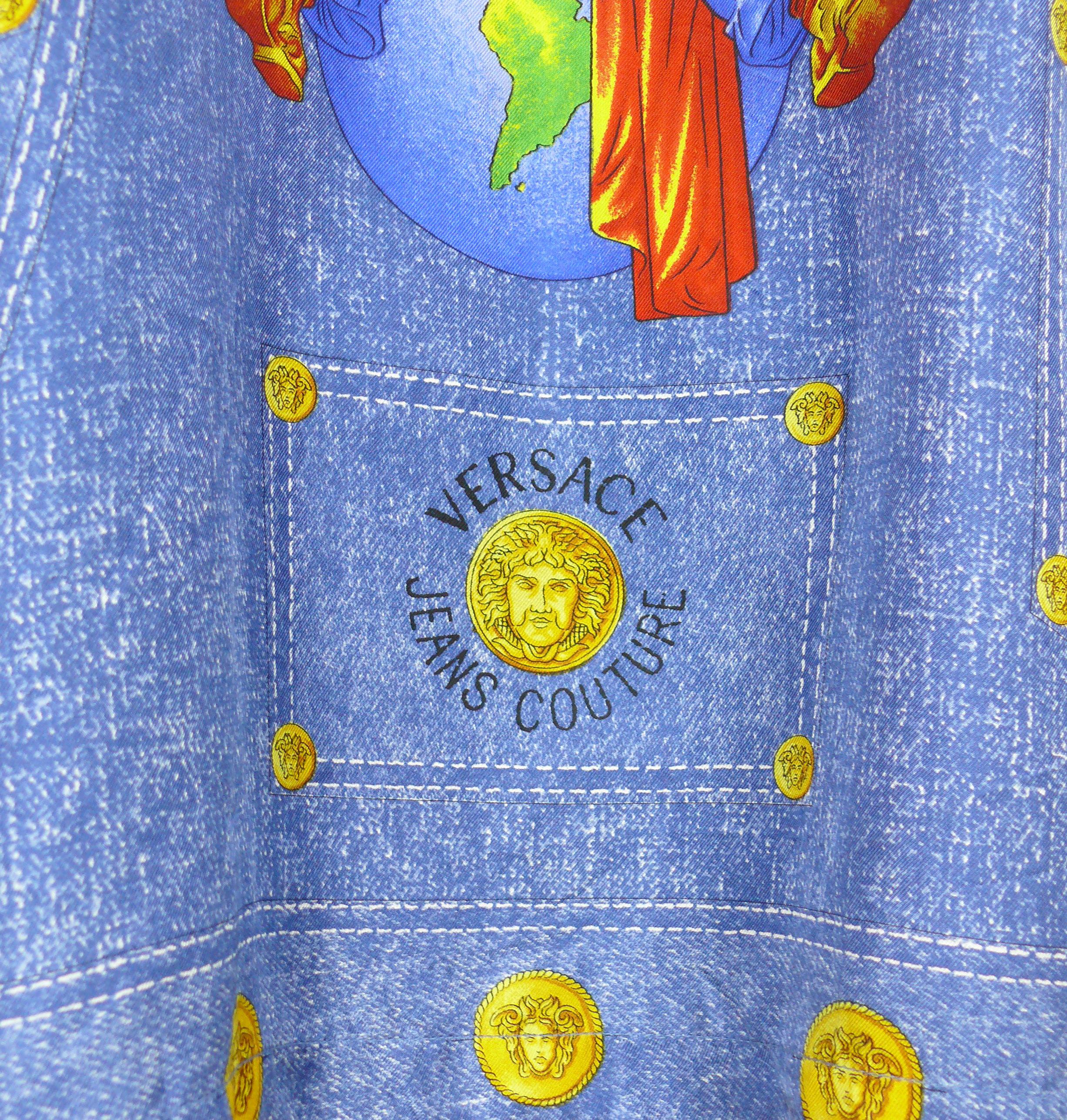 Gianni Versace Couture Vintage Men's Blue Jeans Trompe L'Oeil Printed Silk Shirt For Sale 7