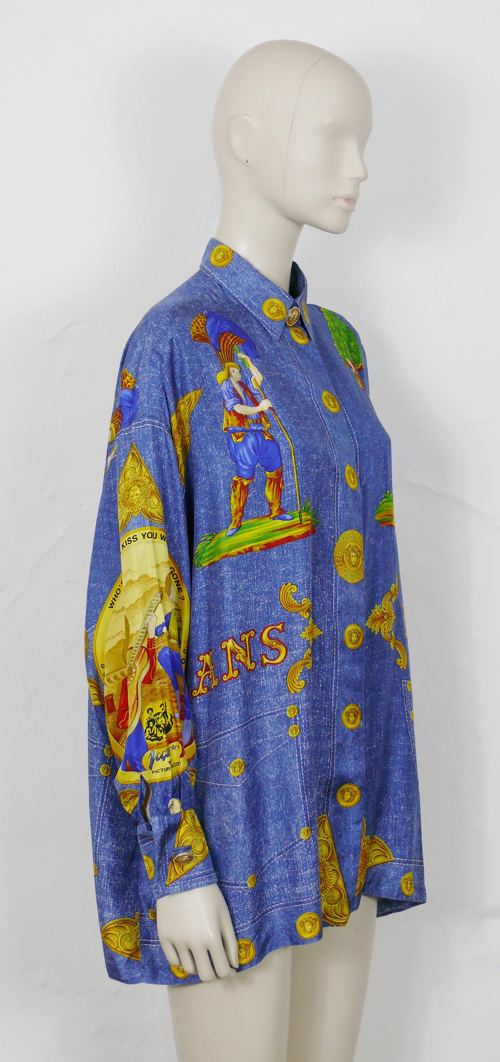 GIANNI VERSACE Couture vintage men's BLUE JEANS trompe l'oeil printed silk shirt.

Long sleeves.
Hidden front button closure.
Gold toned iconic Medusa buttons on collar and cuffs.

Label reads GIANNI VERSACE Couture Made in Italy.

Size tag reads :