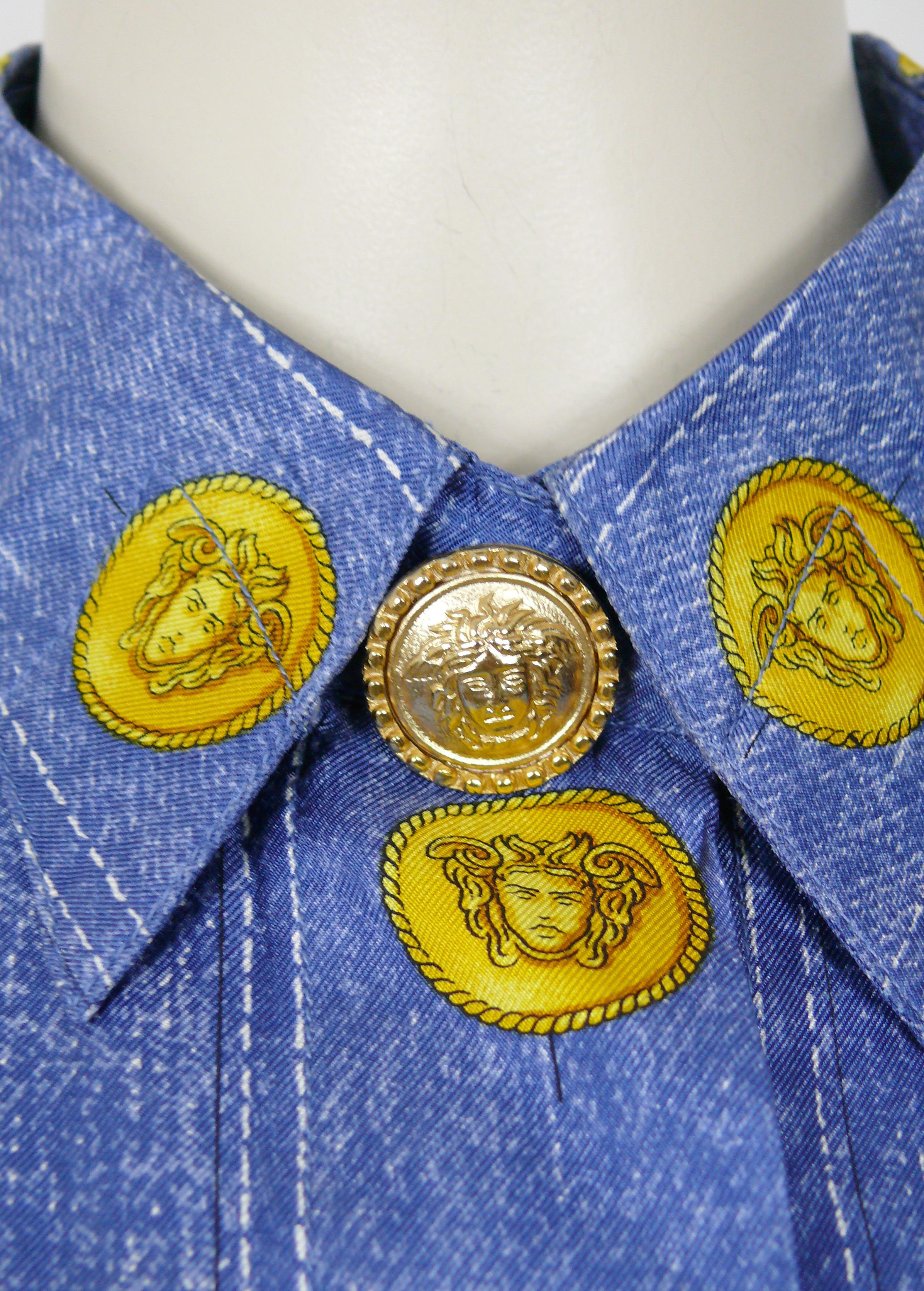 Gray Gianni Versace Couture Vintage Men's Blue Jeans Trompe L'Oeil Printed Silk Shirt For Sale