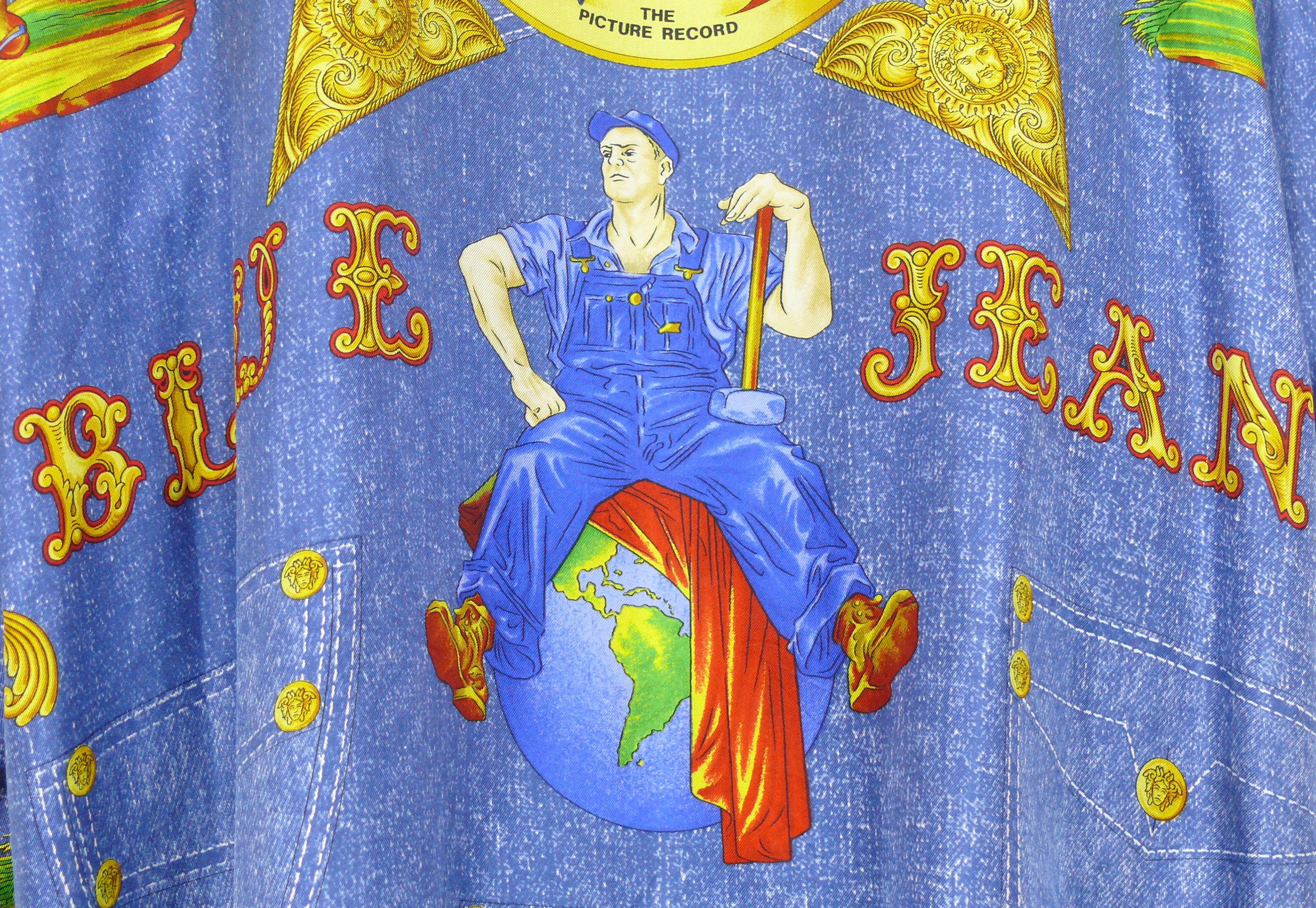 Gianni Versace Couture Vintage Men's Blue Jeans Trompe L'Oeil Printed Silk Shirt For Sale 2
