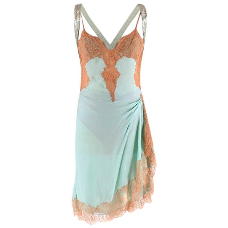 Gianni Versace Couture Vintage Mint Green Silk & Lace Slip Dress - Size US 4 Gianni Versace Couture Vintage Mint Green Silk & Lace Slip Dress - Size US 4