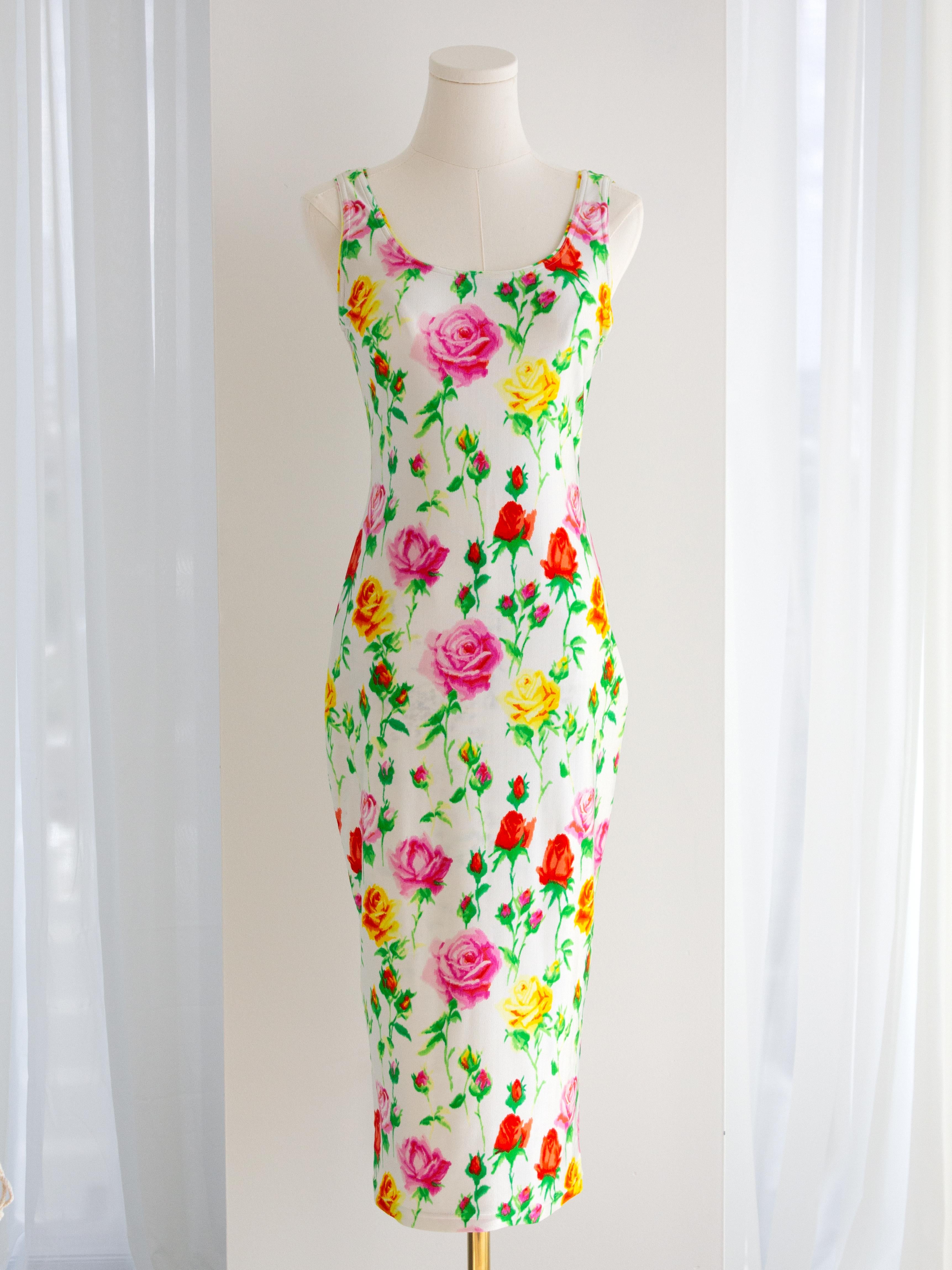 Gianni Versace Couture Vintage S/S 1995 White Red Pink Yellow Rose Floral Dress 1