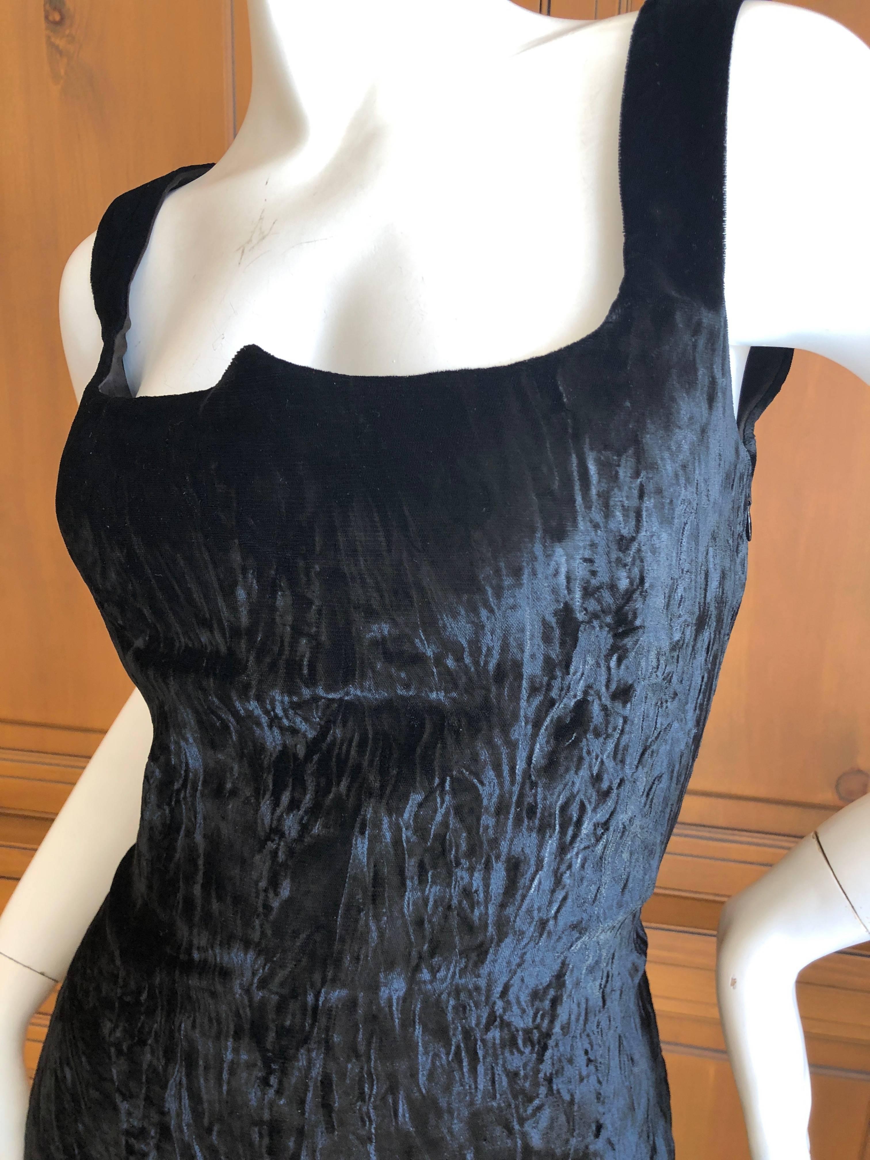 Gianni Versace Couture Vintage Textured Black Velvet  Evening Dress.
Sizzling hot, from 1989
Hard to photograph , this is much prettier in person.
It is marked size 42 but runs small. 
 Bust 38