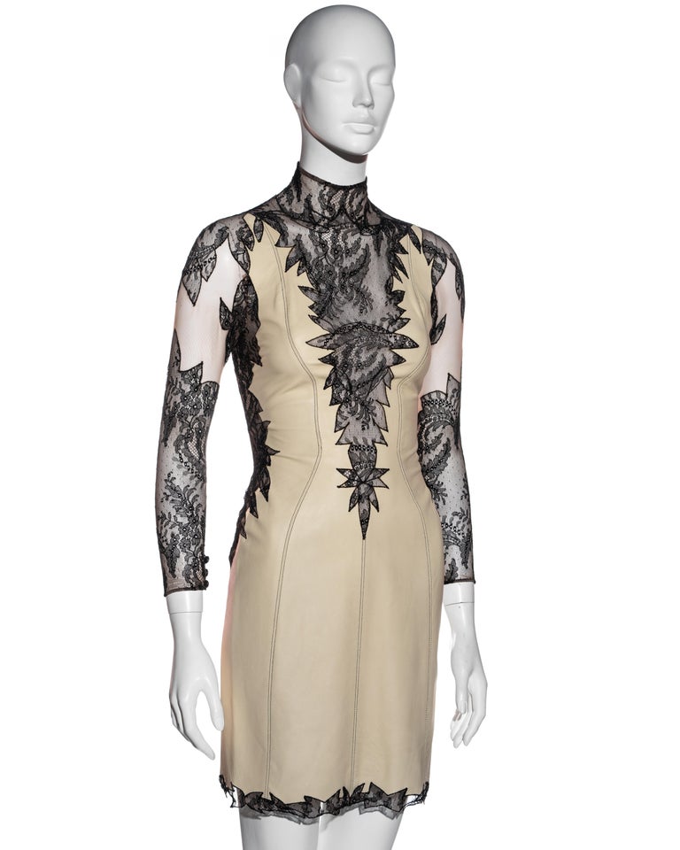Gianni Versace cream leather and black lace evening dress, ss 2002 For Sale  at 1stDibs | gianni versace net worth, cream leather dress, 2002 neck tattoo