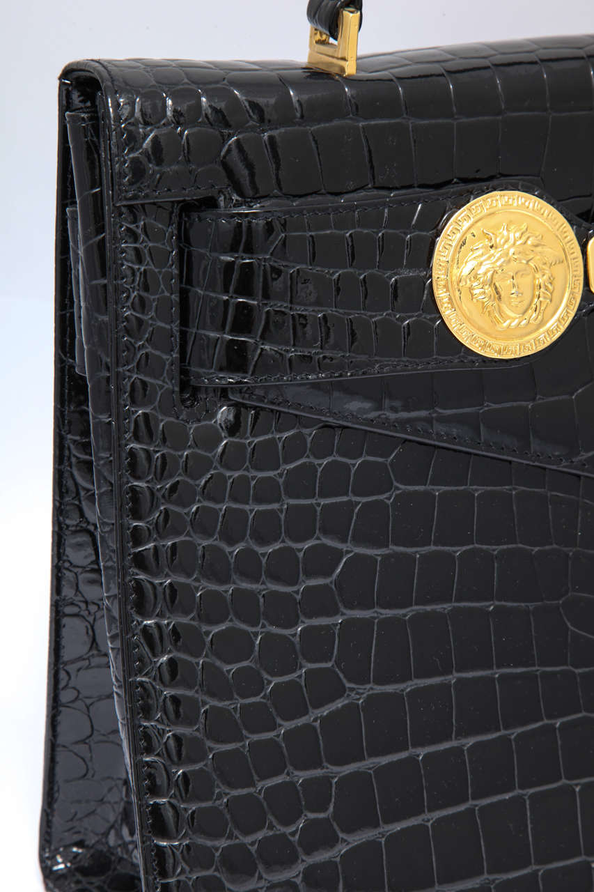 Black Gianni Versace Croc Embossed Couture Bag With Medusas For Sale