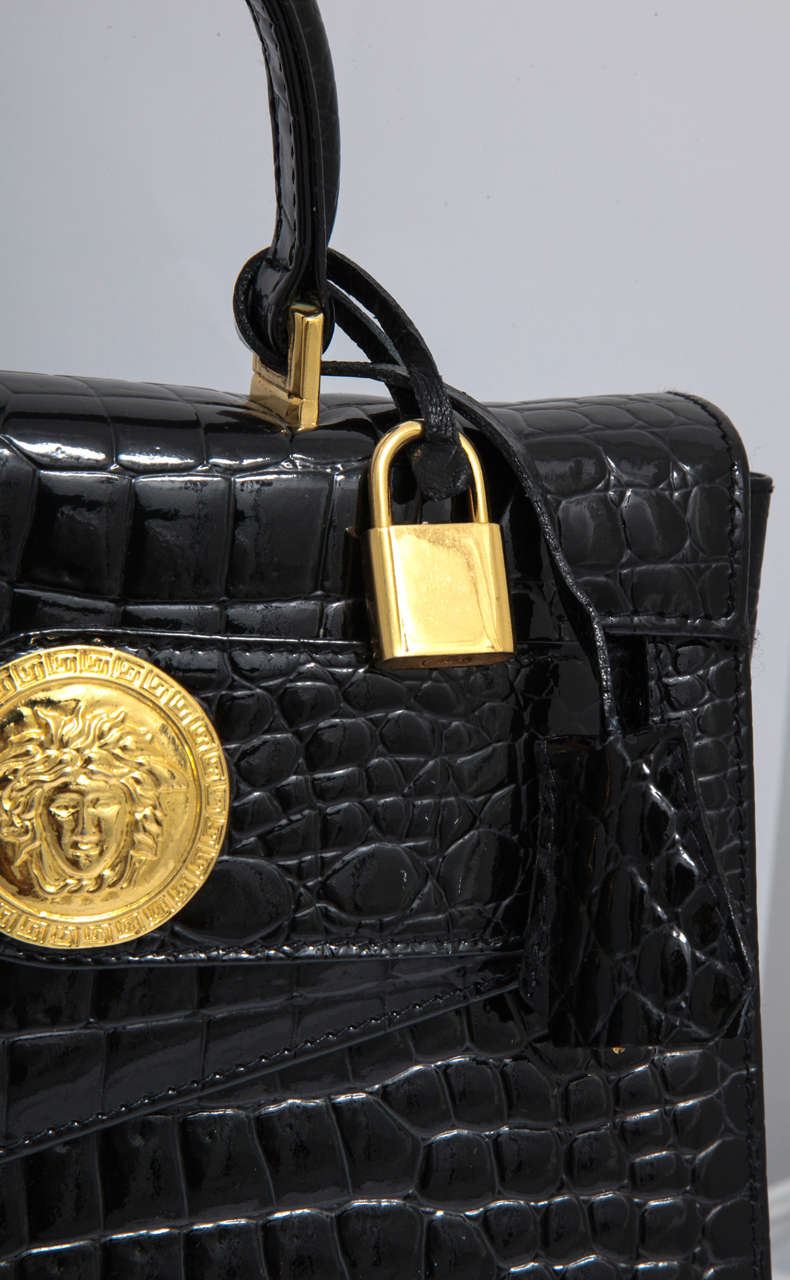 Gianni Versace Croc Embossed Couture Bag With Medusas For Sale 2