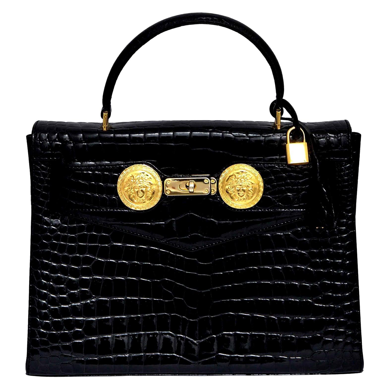 Gianni Versace Croc Embossed Couture Bag With Medusas For Sale