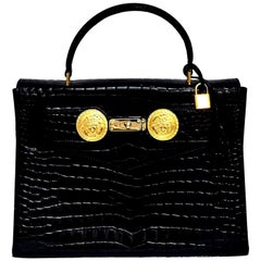Vintage Gianni Versace Croc Embossed Couture Bag With Medusas