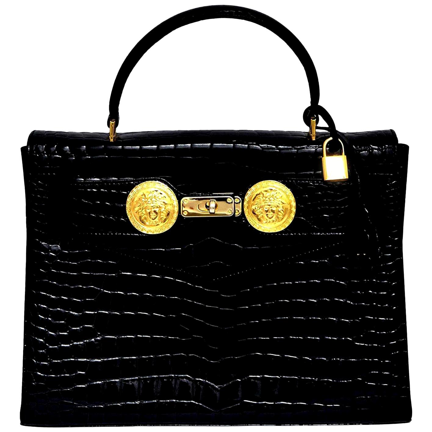 Gianni Versace Croc Embossed Couture Bag With Medusas For Sale