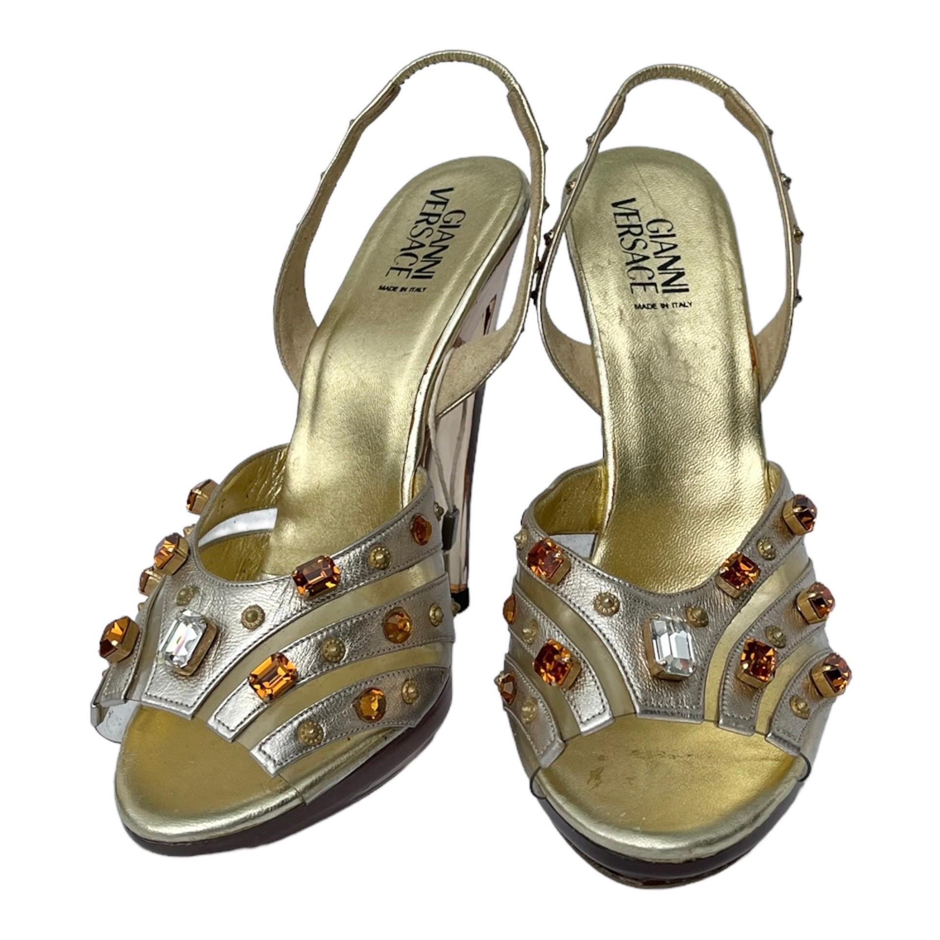 Gianni Versace Crystal Embellished Gold Leather Plexiglass Platform Shoes 37 NWT For Sale 2