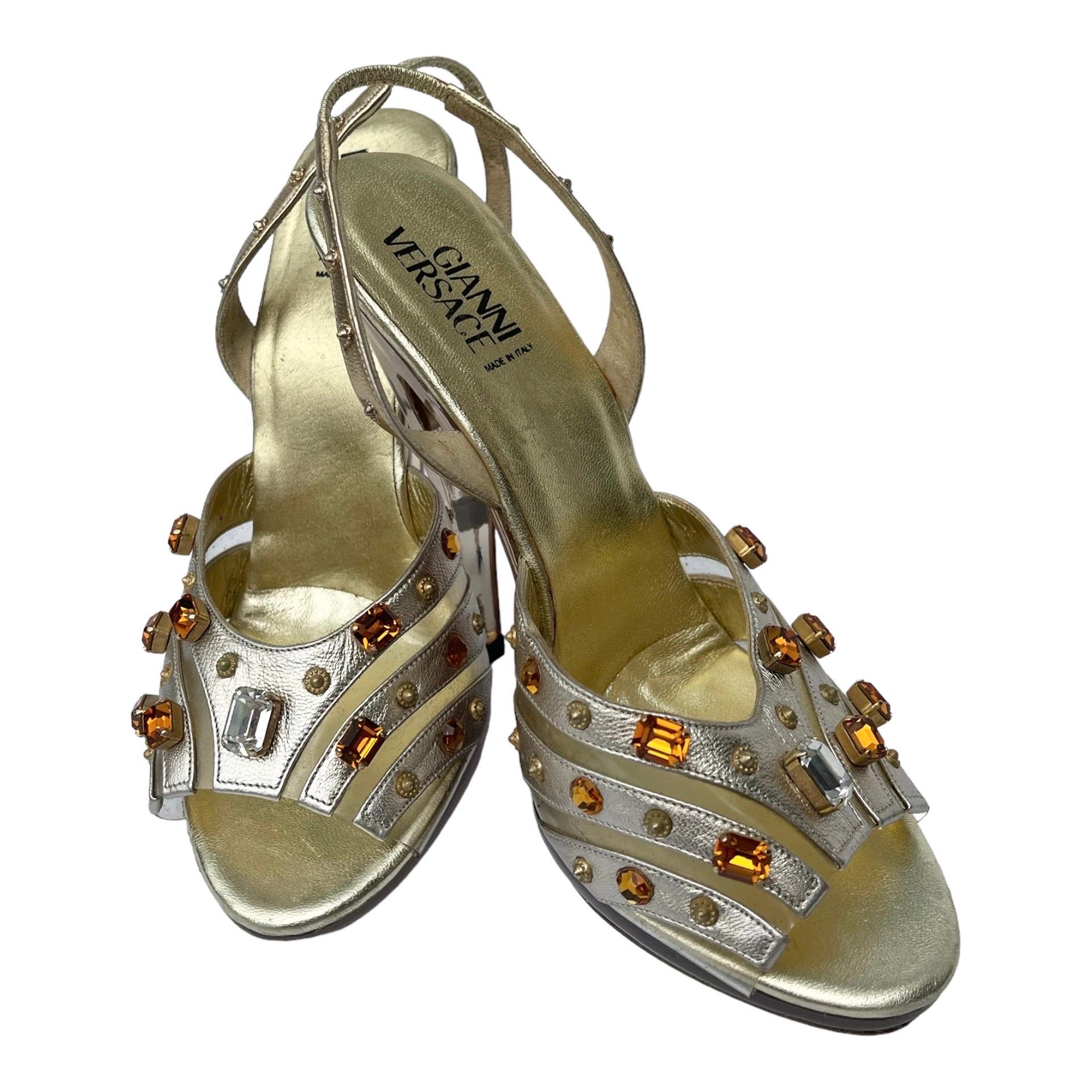 Gianni Versace Crystal Embellished Gold Leather Plexiglass Platform Shoes 37 NWT For Sale 3