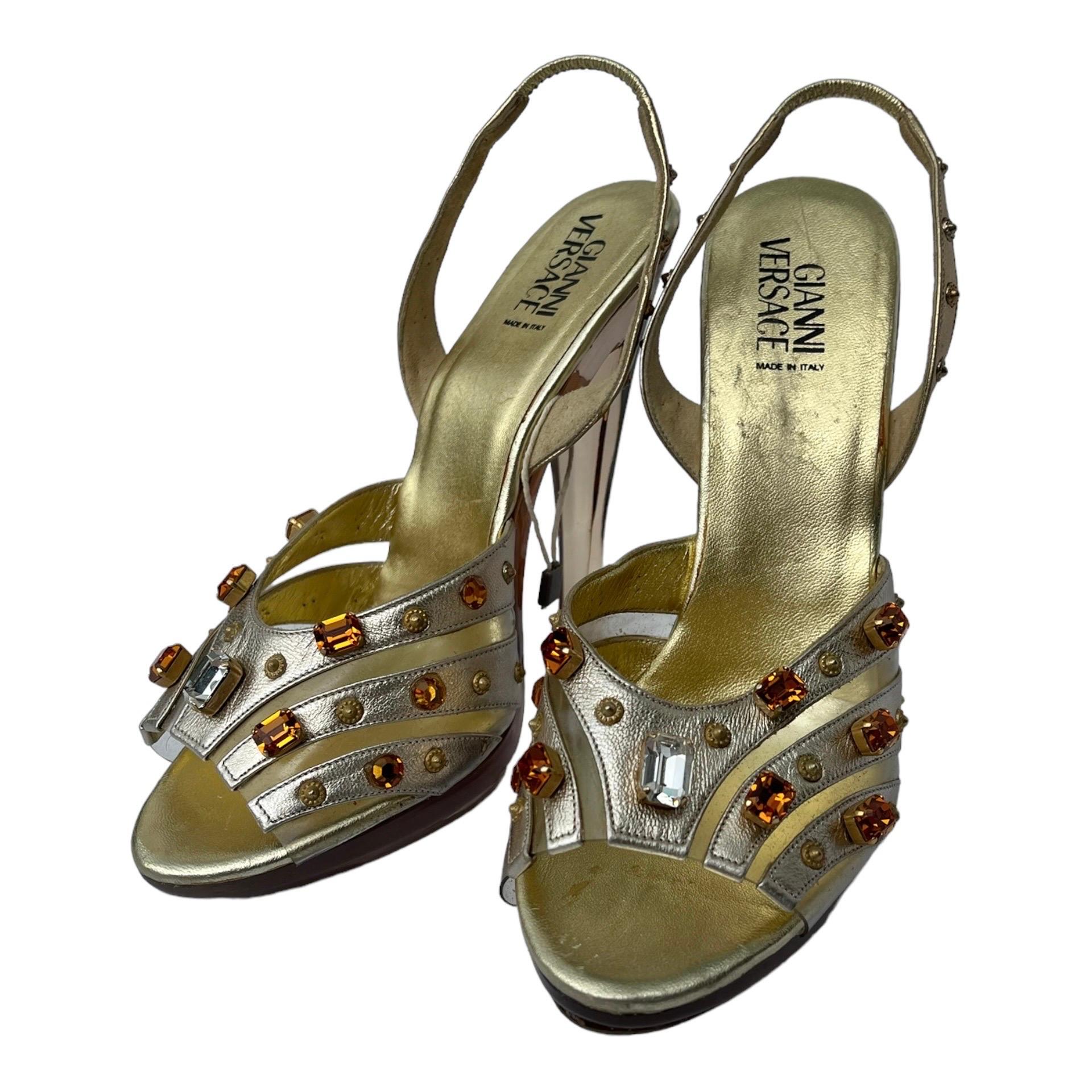 Gianni Versace Crystal Embellished Gold Leather Plexiglass Platform Shoes 37 NWT For Sale 5