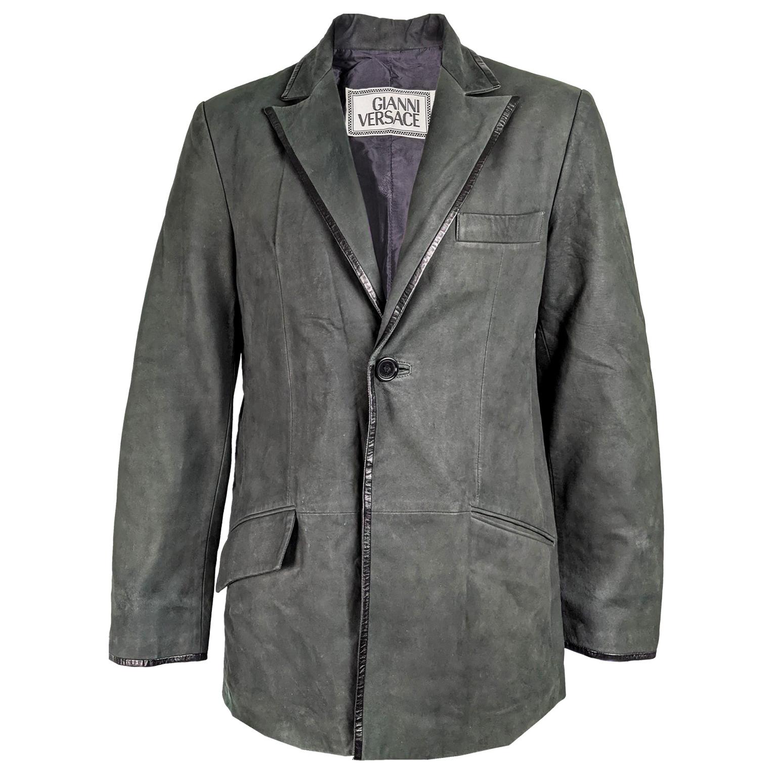 Gianni Versace Dark Green Suede Mens Jacket For Sale