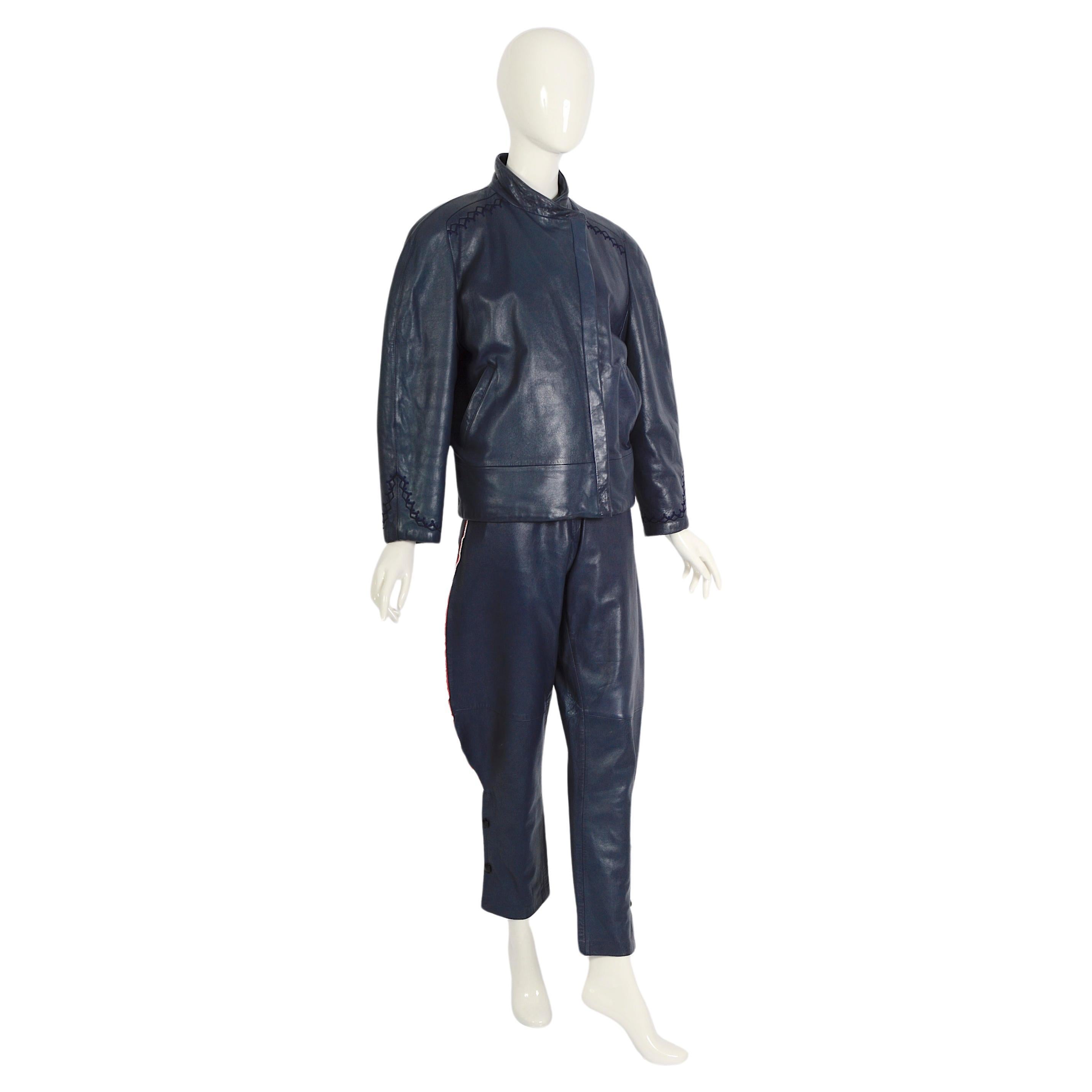 Gianni Versace documented vintage blue leather suit, fw 1981 For Sale