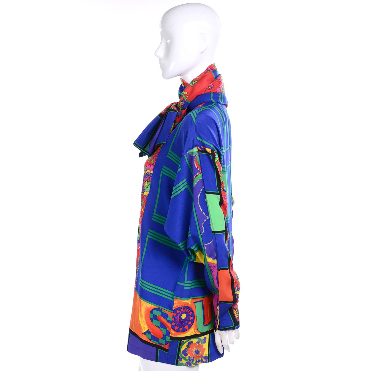 Gianni Versace Early 1990s Bright Colorful Vintage Silk Print Shirt & Huge Scarf In Excellent Condition For Sale In Portland, OR