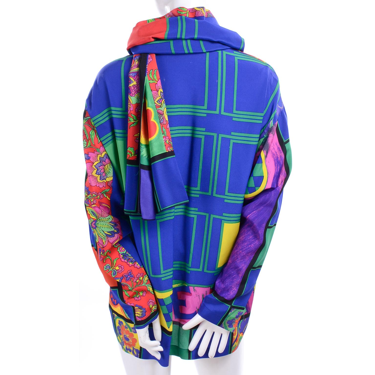 Women's Gianni Versace Early 1990s Bright Colorful Vintage Silk Print Shirt & Huge Scarf For Sale