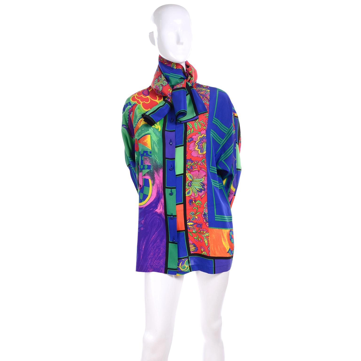 Gianni Versace Early 1990s Bright Colorful Vintage Silk Print Shirt & Huge Scarf For Sale 1