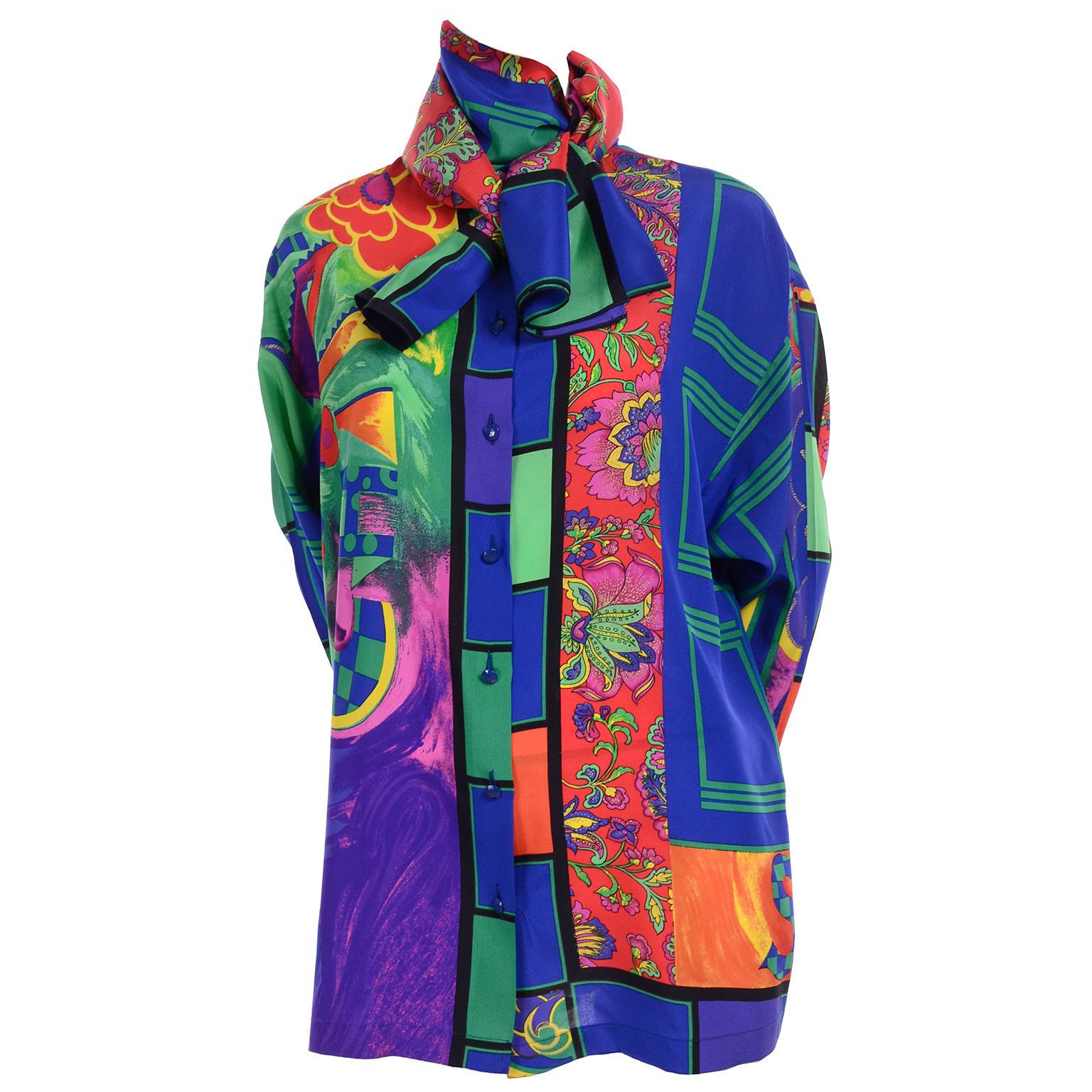 Gianni Versace Early 1990s Bright Colorful Vintage Silk Print Shirt & Huge Scarf For Sale 2