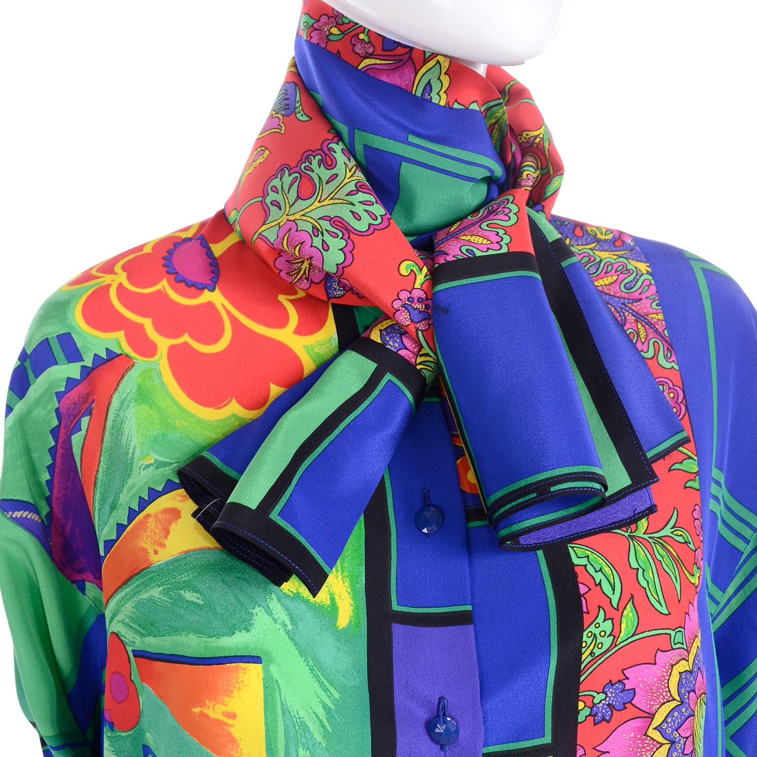 Gianni Versace Early 1990s Bright Colorful Vintage Silk Print Shirt & Huge Scarf For Sale 3