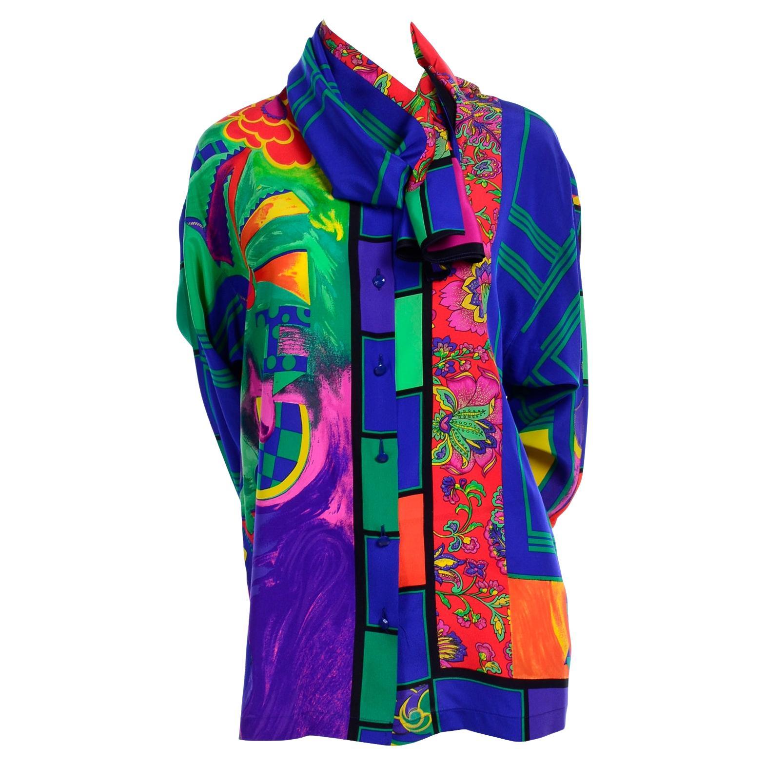 Gianni Versace Early 1990s Bright Colorful Vintage Silk Print Shirt & Huge Scarf For Sale