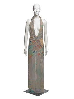 Gianni Versace Embellished Printed Silk & Mesh Plunging Neckline Dress, SS 1999