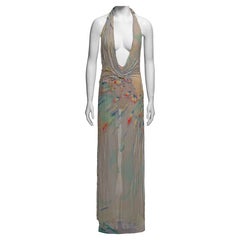 Gianni Versace Embellished Printed Silk & Mesh Plunging Neckline Dress, SS 1999