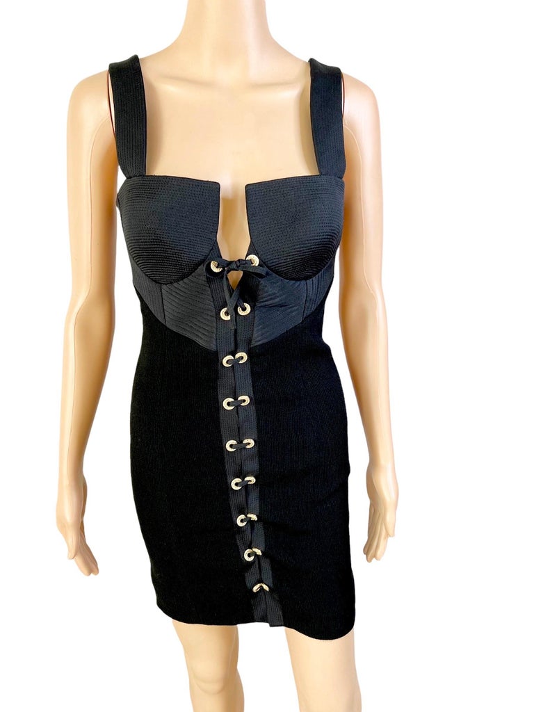 Gianni Versace F/W 1991 Couture Bustier Corset Lace Up Black Mini Dress In Good Condition For Sale In Fort Myers, FL