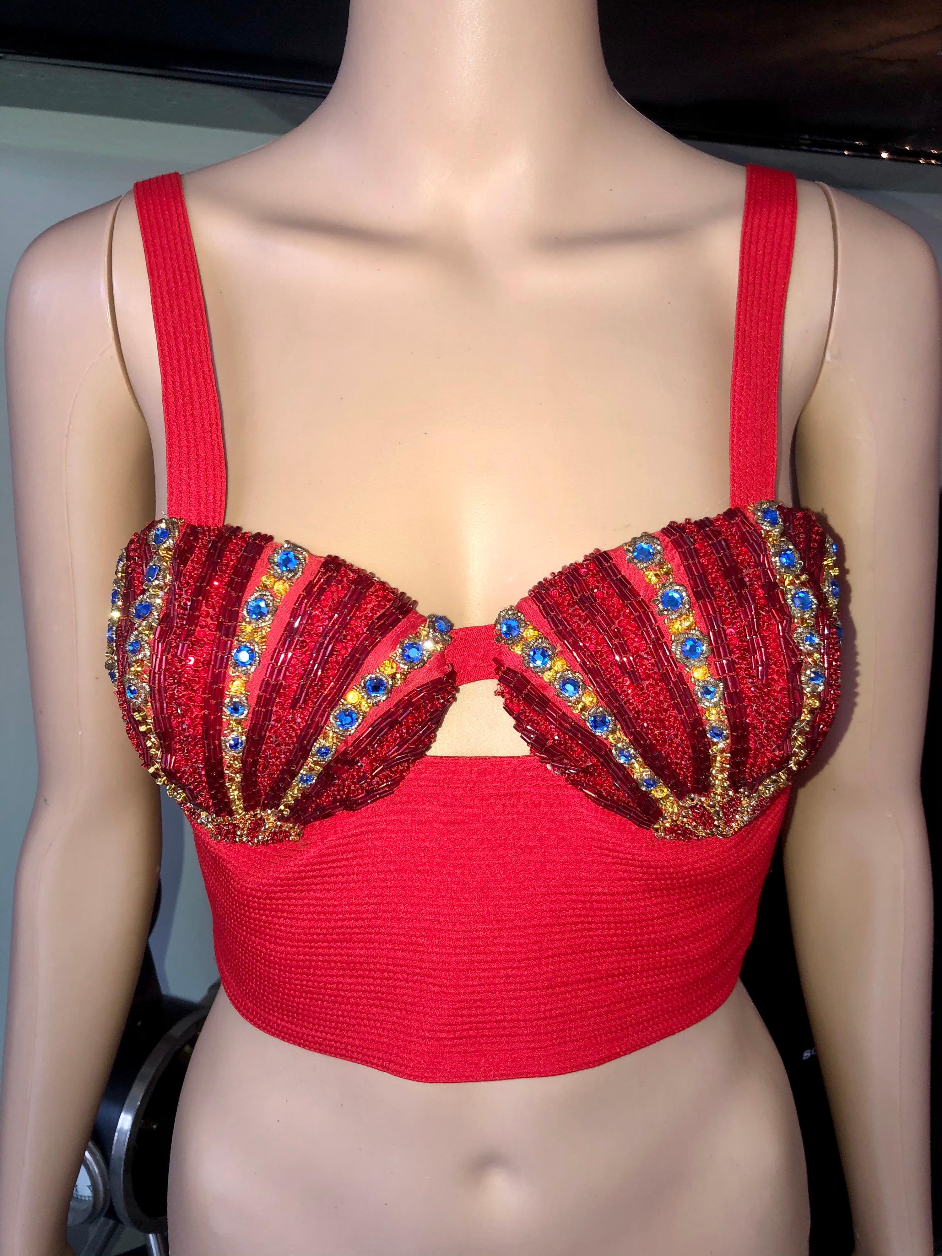 Red Gianni Versace S/S 1992 Couture Vintage Embellished Bustier Bra Crop Top 