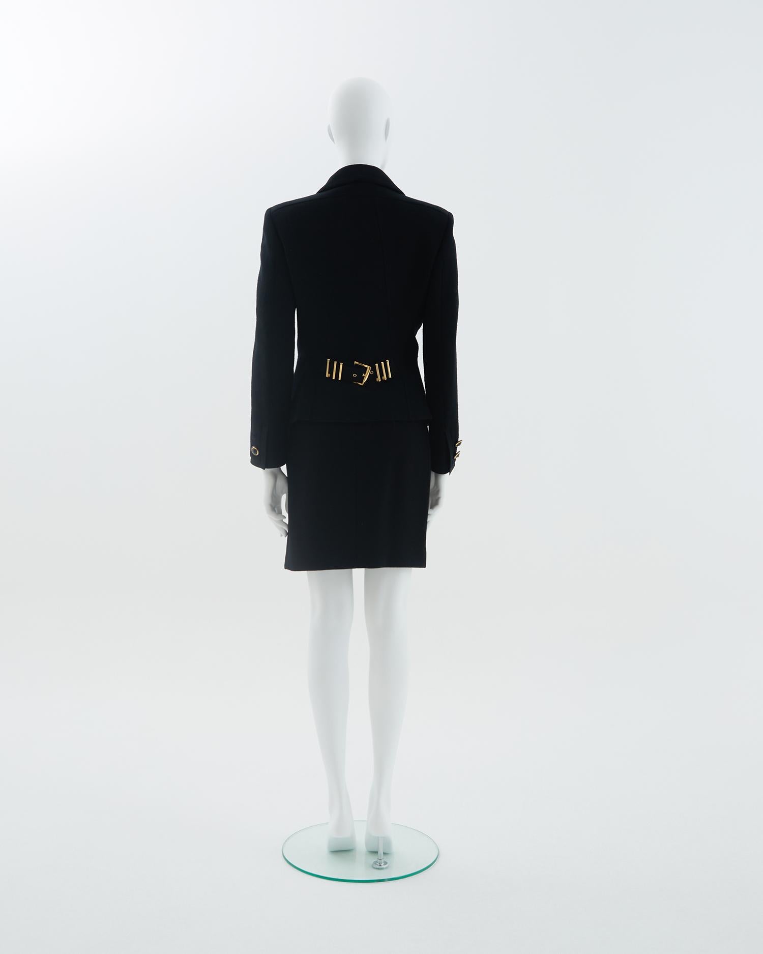 Gianni Versace F/W 1992 Black wool Bondage buckle jacket and pencil skirt set In Good Condition In Milano, IT