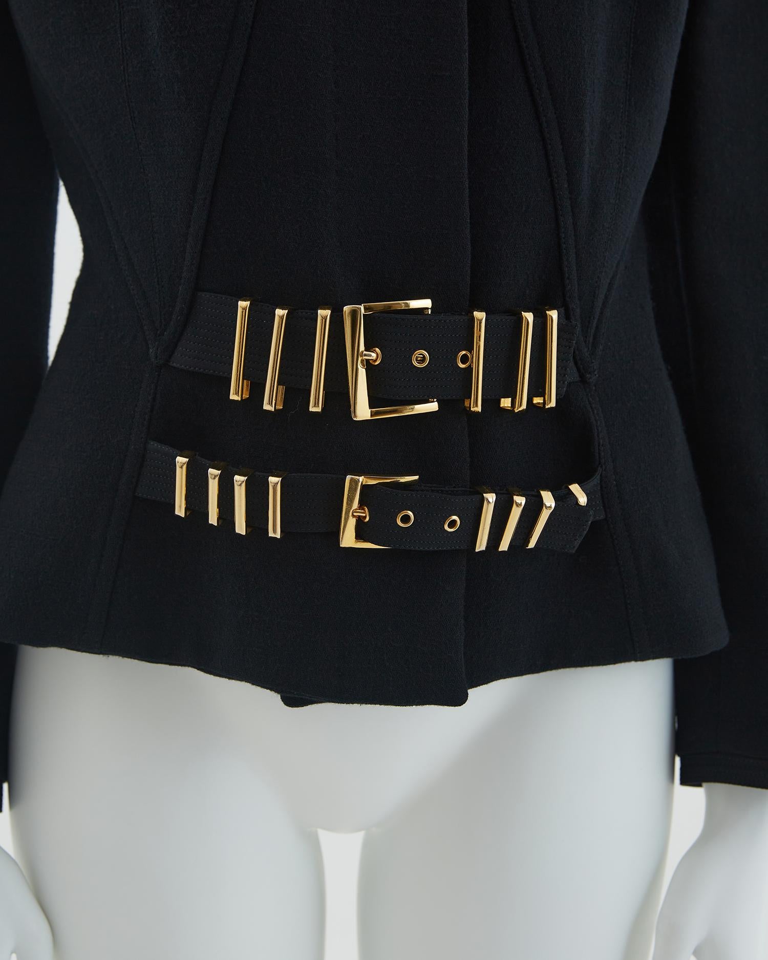 Gianni Versace F/W 1992 Black wool Bondage buckle jacket and pencil skirt set 4