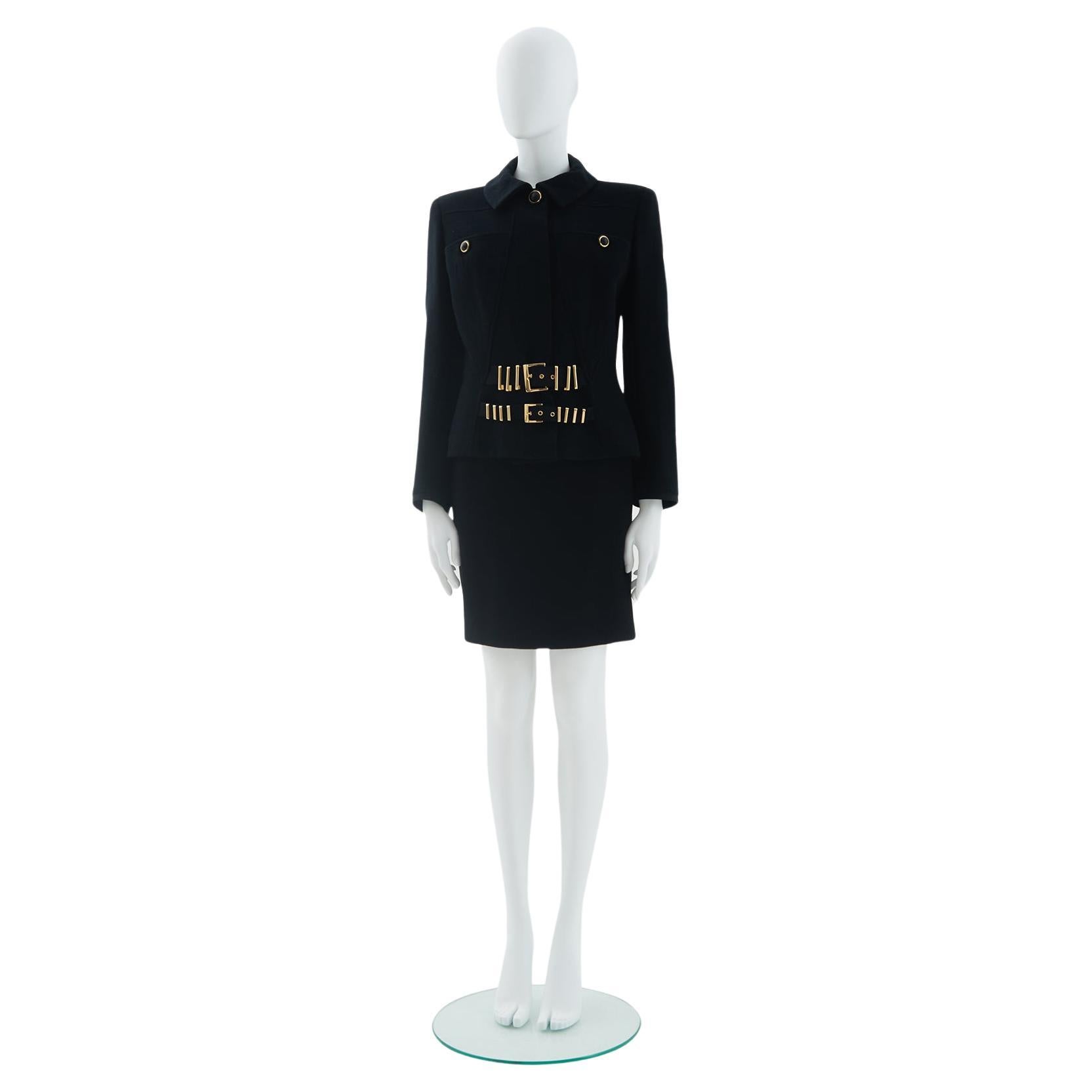 Gianni Versace F/W 1992 Black wool Bondage buckle jacket and pencil skirt set