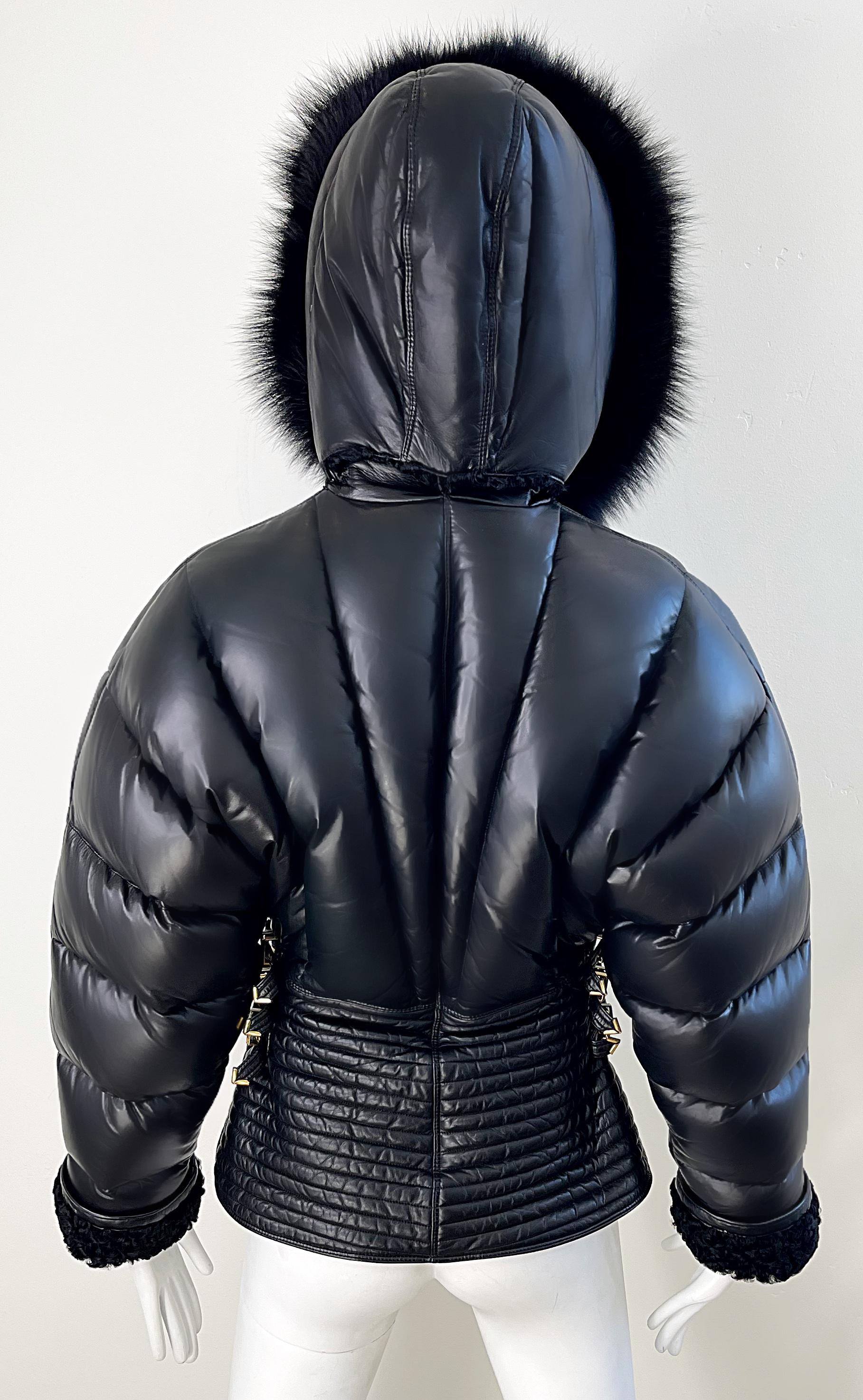 Gianni Versace Runway F/W 1992 Bondage Collection Leather Fox Astrakhan Jacket For Sale 4