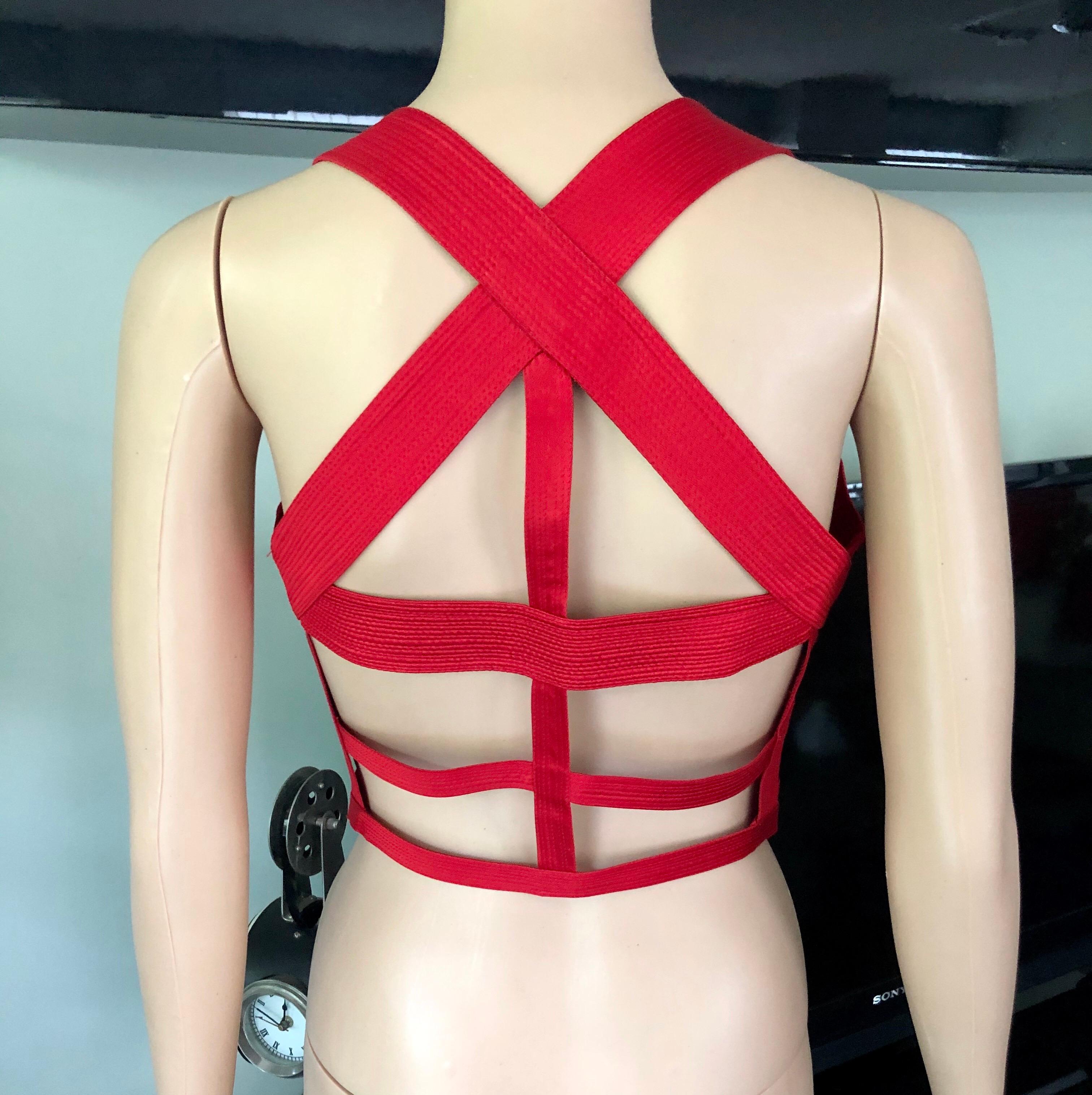 Gianni Versace F/W 1992 Runway Couture Vintage Bondage Harness 2 Piece Red Dress In Excellent Condition In Naples, FL