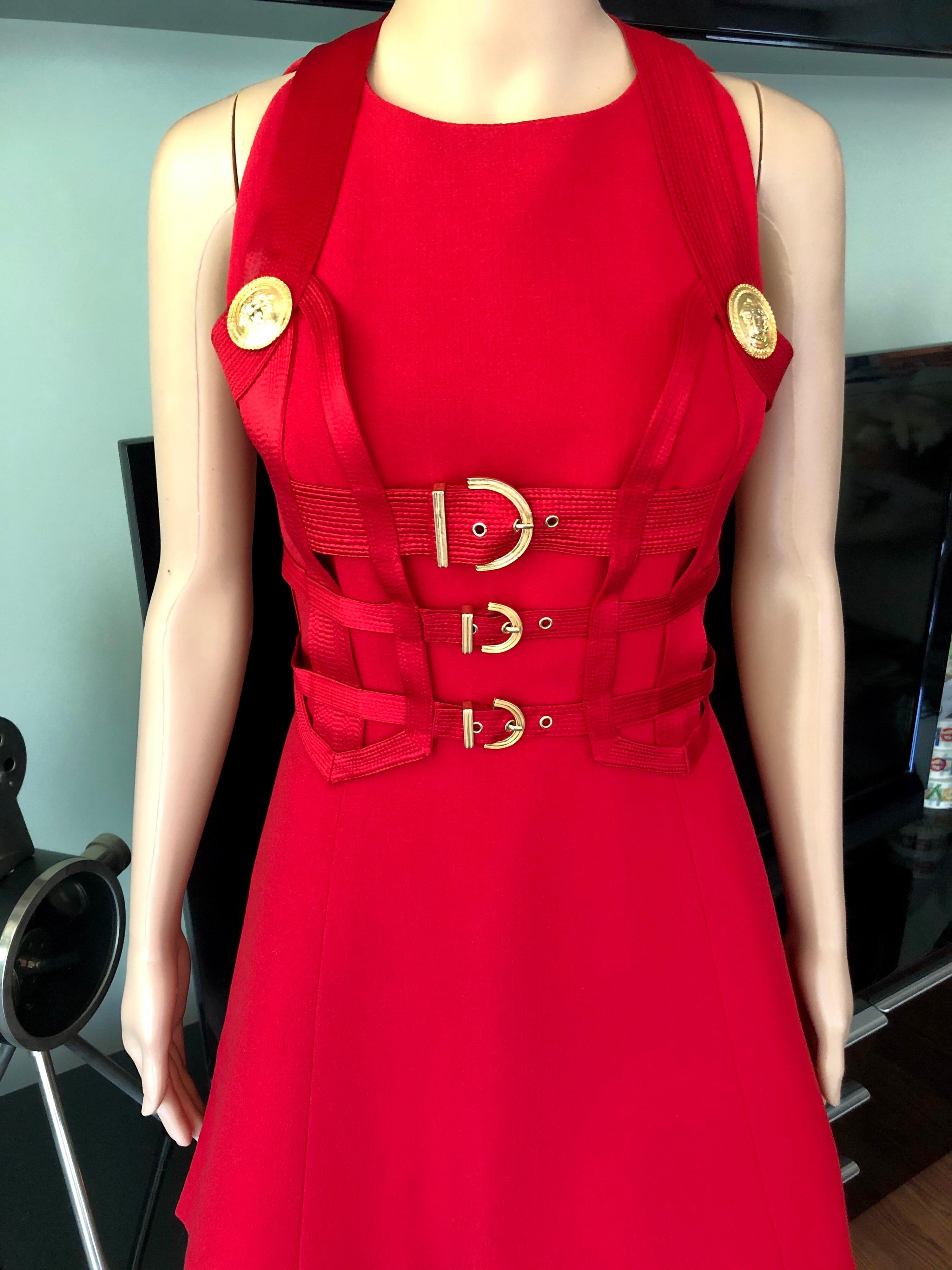 Women's or Men's Gianni Versace F/W 1992 Runway Couture Vintage Bondage Harness 2 Piece Red Dress