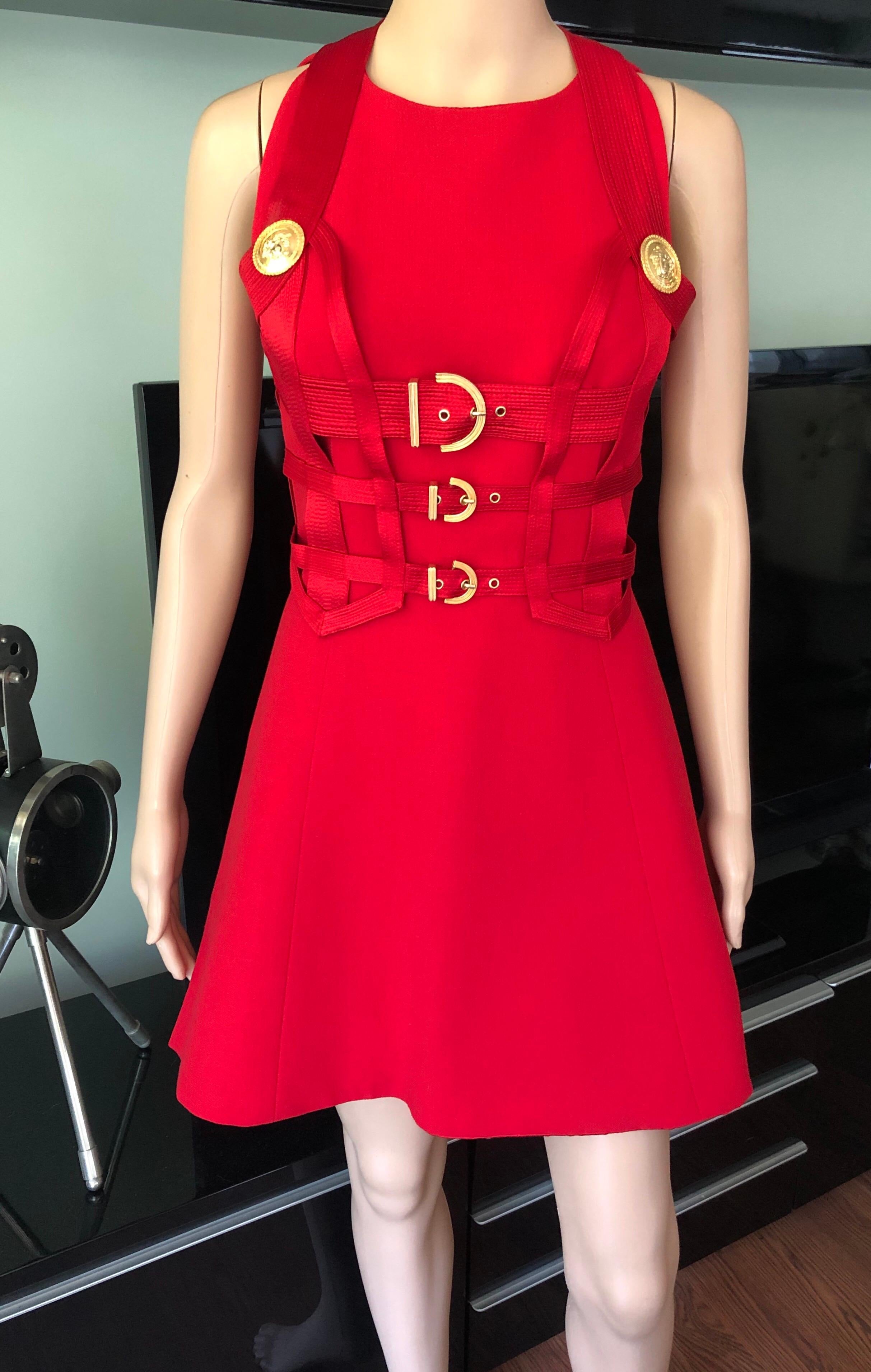 Gray Gianni Versace F/W 1992 Runway Couture Vintage Bondage Harness 2 Piece Red Dress