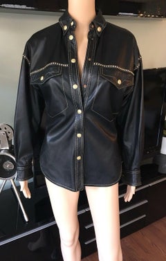 Gianni Versace F/W 1992 Runway Vintage Embellished Leather Black Shirt Jacket