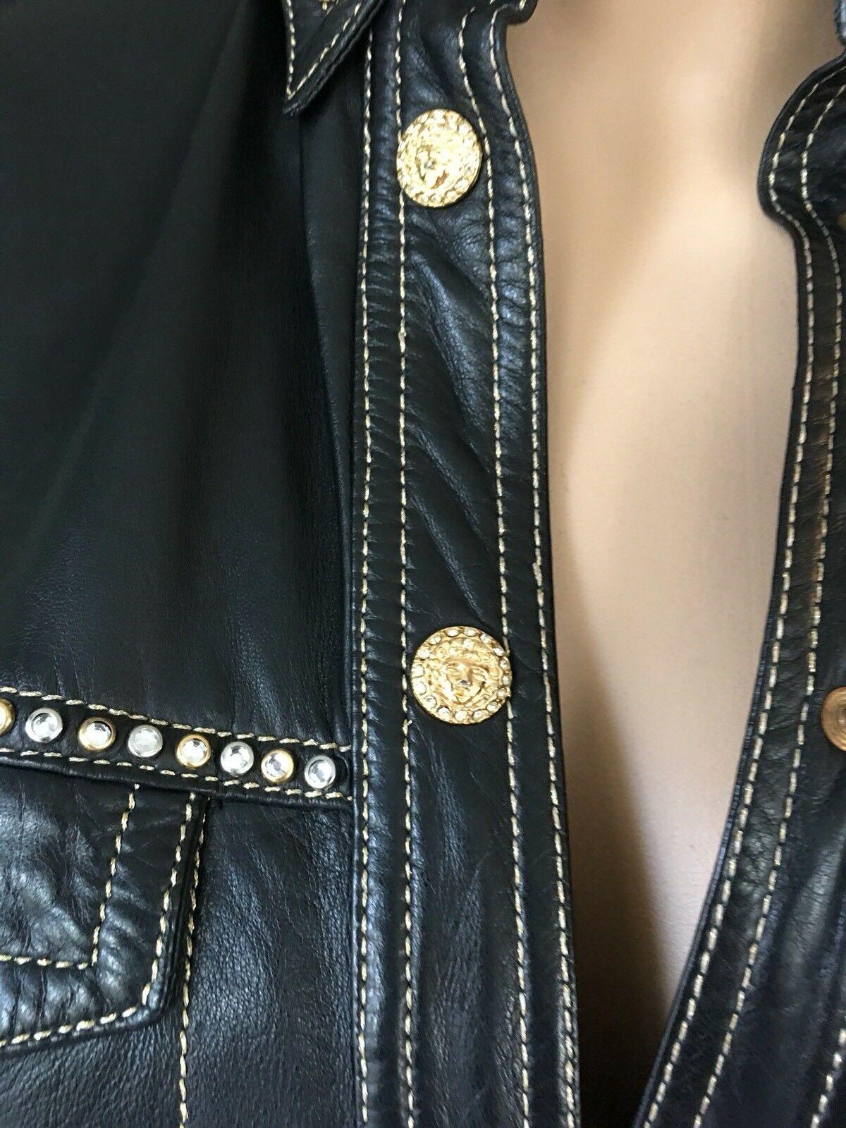 Gianni Versace F/W 1992 Runway Vintage Embellished Leather Black Shirt Jacket  In Good Condition In Naples, FL