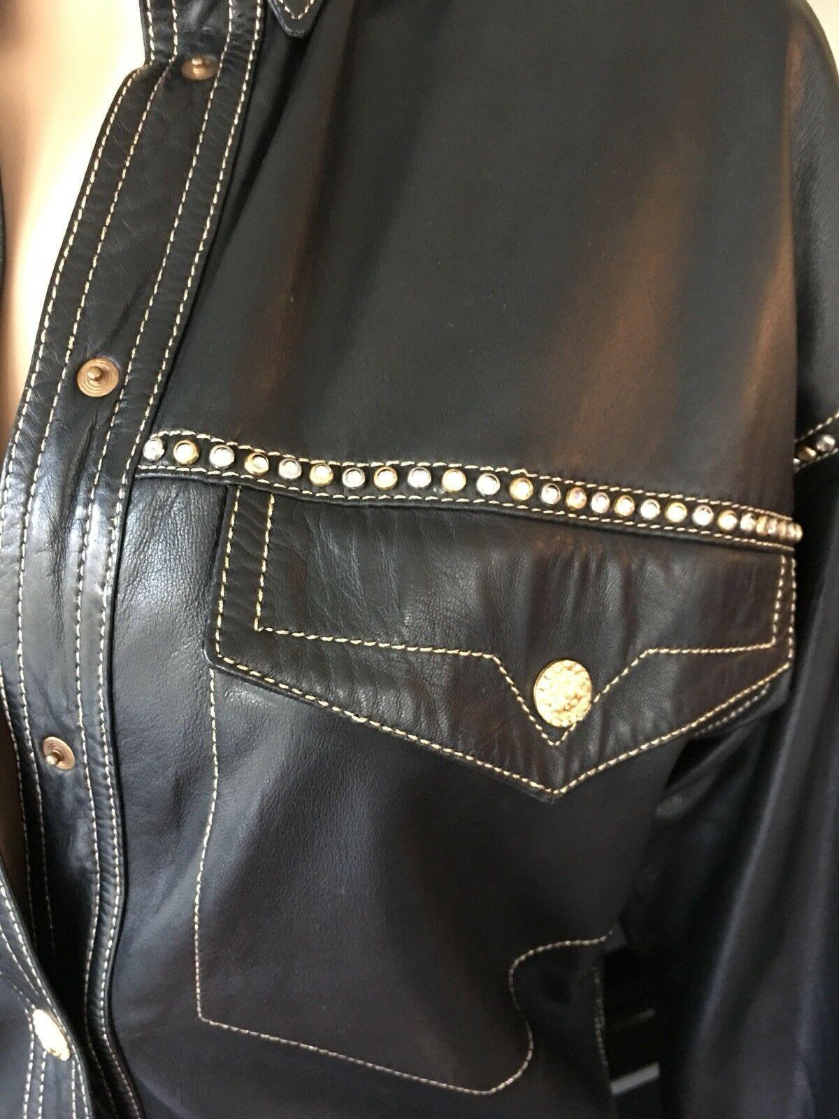 Women's or Men's Gianni Versace F/W 1992 Runway Vintage Embellished Leather Black Shirt Jacket 