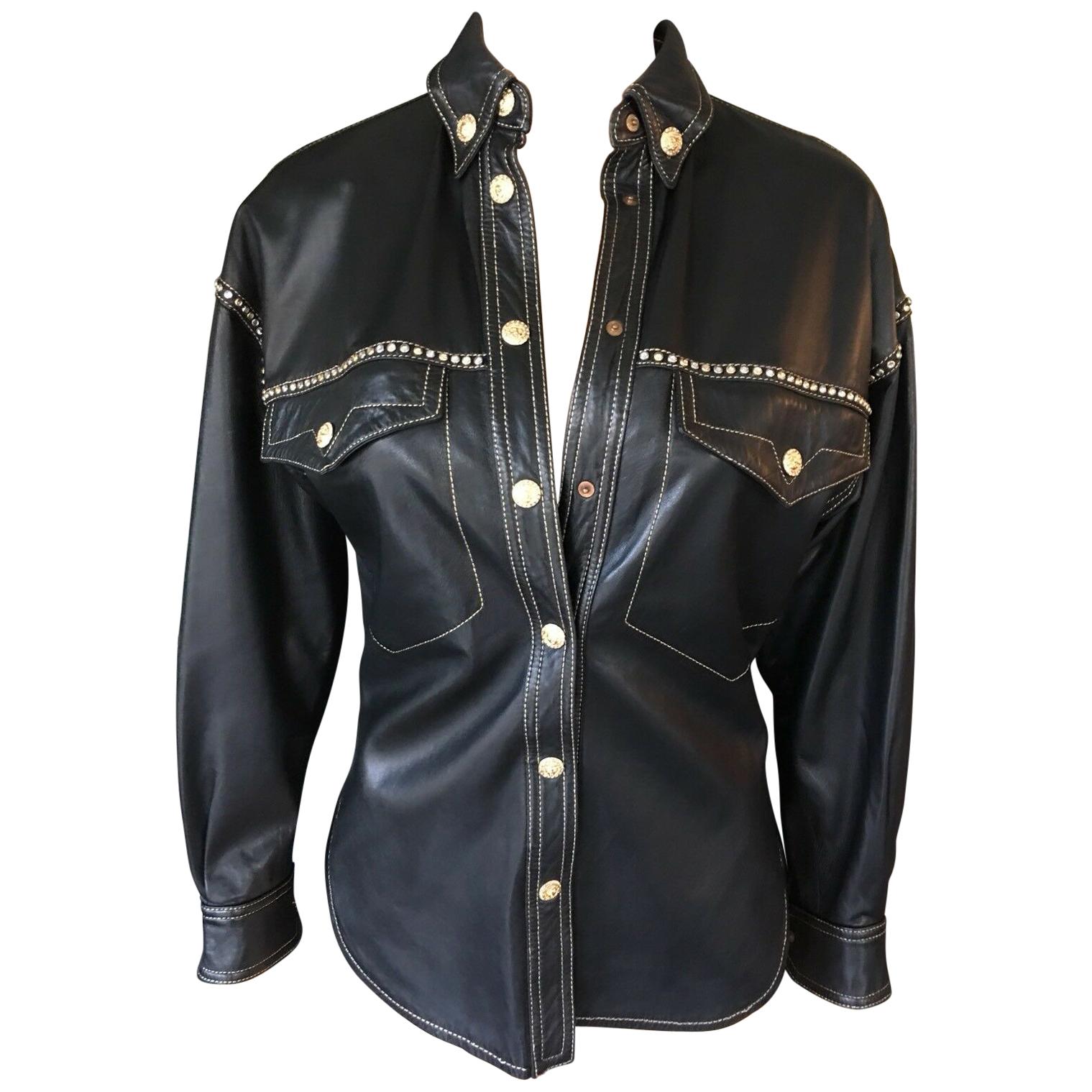 Gianni Versace F/W 1992 Runway Vintage Embellished Leather Black Shirt Jacket 