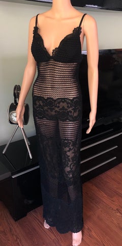 Gianni Versace F/W 1993 Runway Couture Sheer Knit Mesh Lace Evening Dress Gown