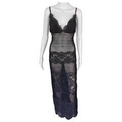 Retro Gianni Versace F/W 1993 Runway Couture Sheer Knit Mesh Lace Evening Dress Gown